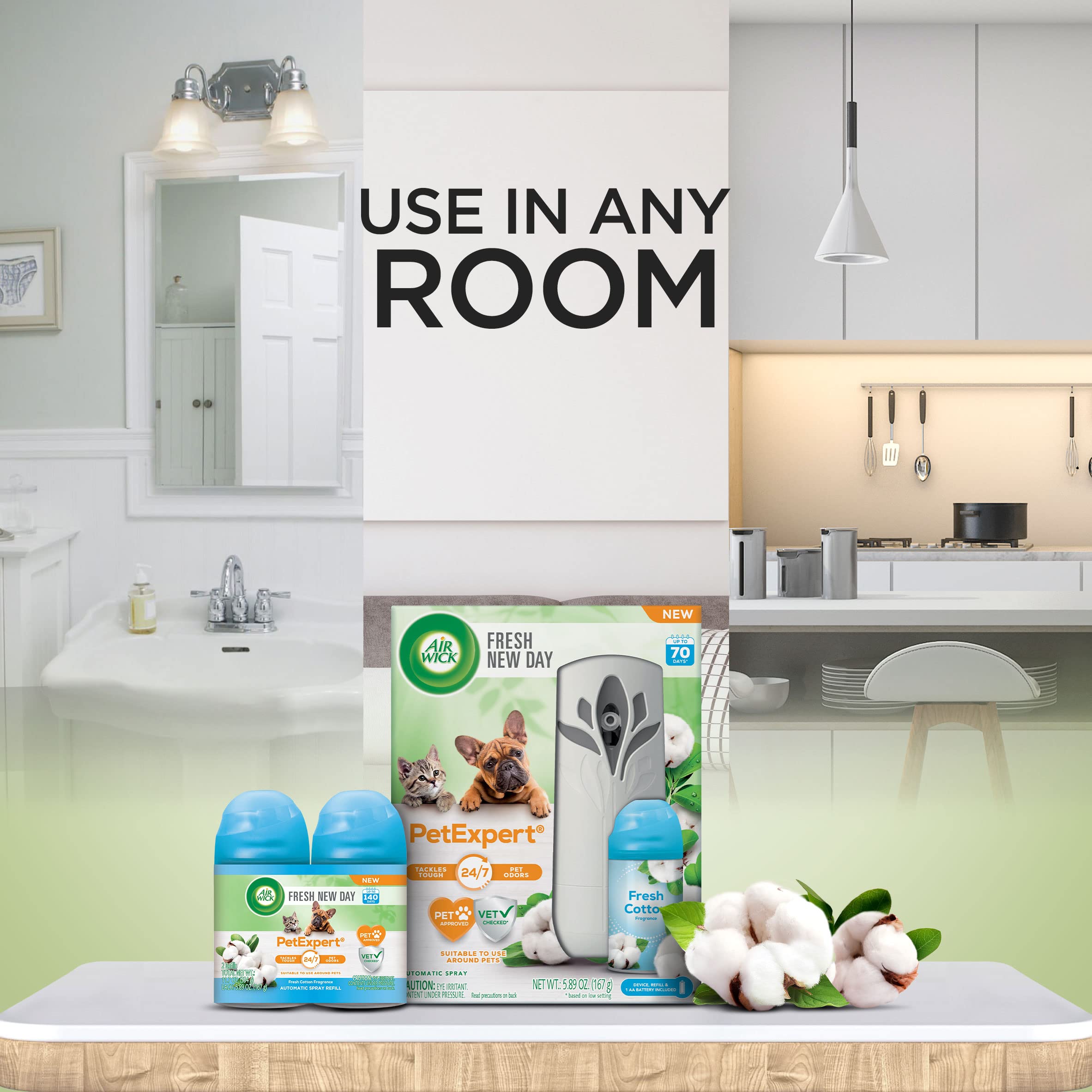 Air Wick Automatic Spray Starter Kit - Fresh New Day Scent, Pet & Cotton Odor Eliminator, Essential Oil Air Freshener for Home, Office & Bathroom | Long-Lasting Fragrance & Odor Neutralization