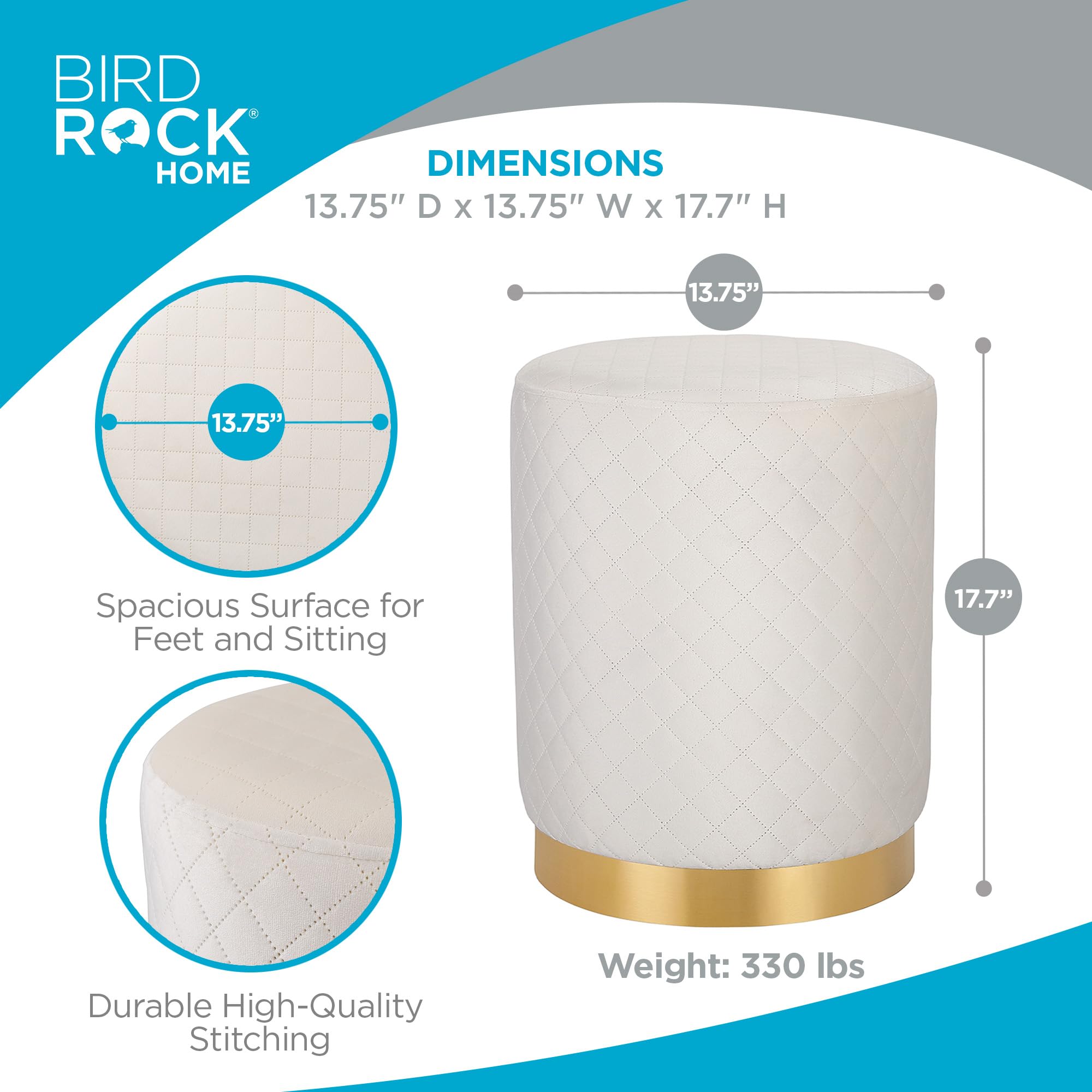 BirdRock Home Velvet Round Ottoman Foot Stool with Lattice Design & Gold Trim - Soft Padded Foot Rest for Living Room, Bedroom, Nursery - Decorative Ottoman for Chair, Rocking Chair, Couch - Cream - Perfect for Relaxing, Reading & Adding Elegance to Your Home Decor