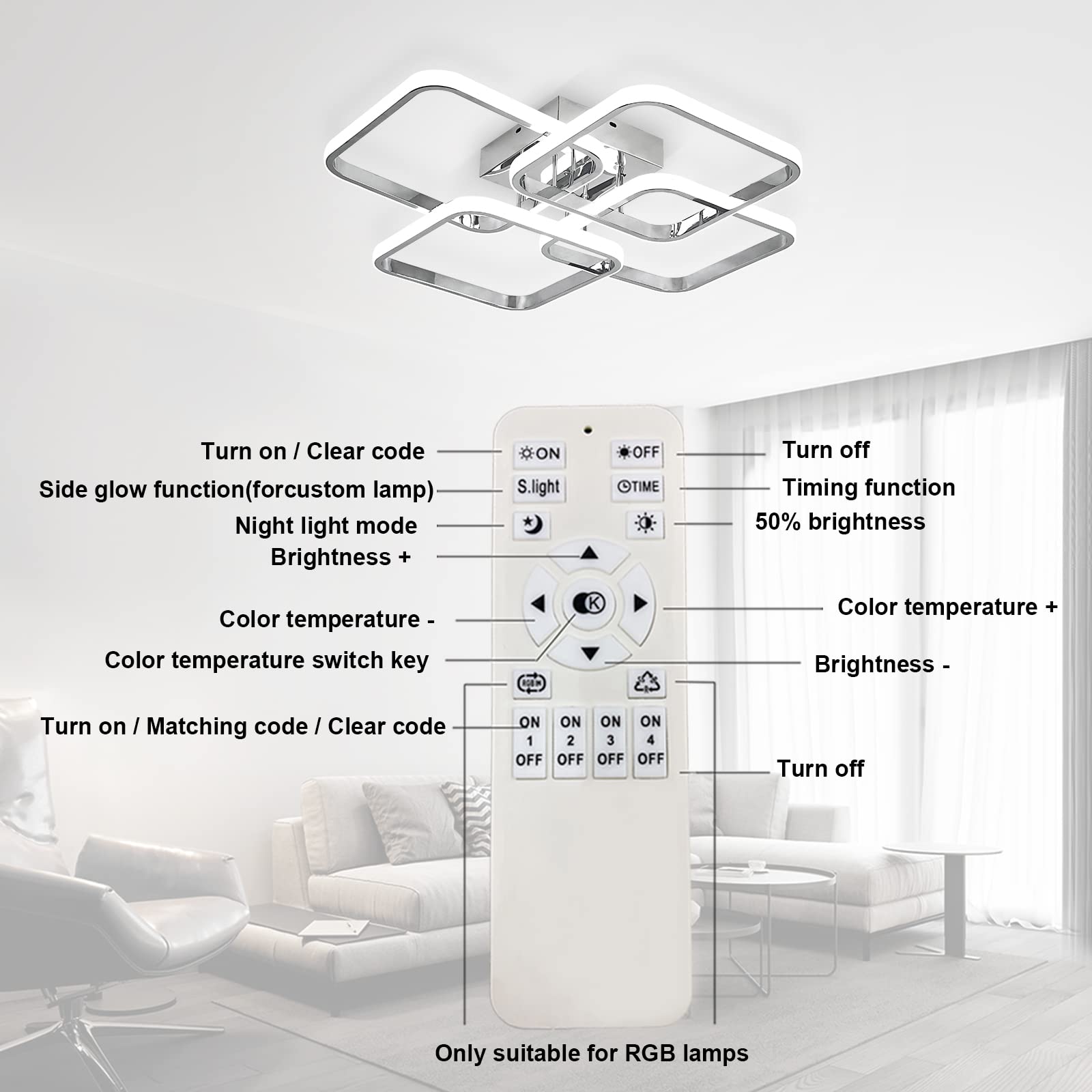 Dimmable Modern 4-Ring Square LED Ceiling Light with Remote Control - 48W Chrome Acrylic Lighting Fixture for Living Room, Dining Room, Kitchen & Office - Perfect for Ambient Lighting and Home Decor