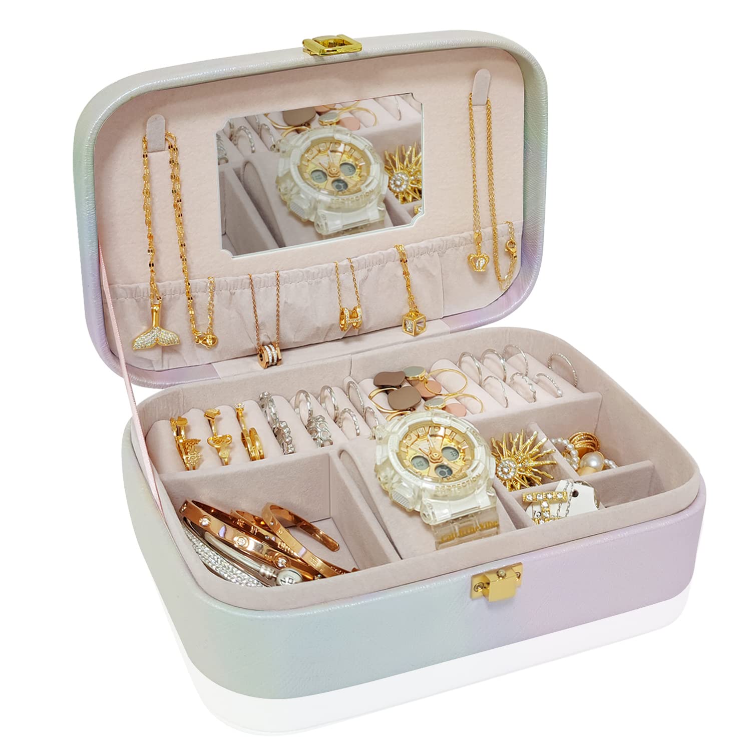 Elegant PU Leather Jewelry Box for Women - Fish Tail Pattern with Mirror, Necklace Ring Earring Bracelet Watch Organizer - Perfect Gift for Wife, Girlfriend & Women - Ideal for Travel, Home Vanity & Gift Giving