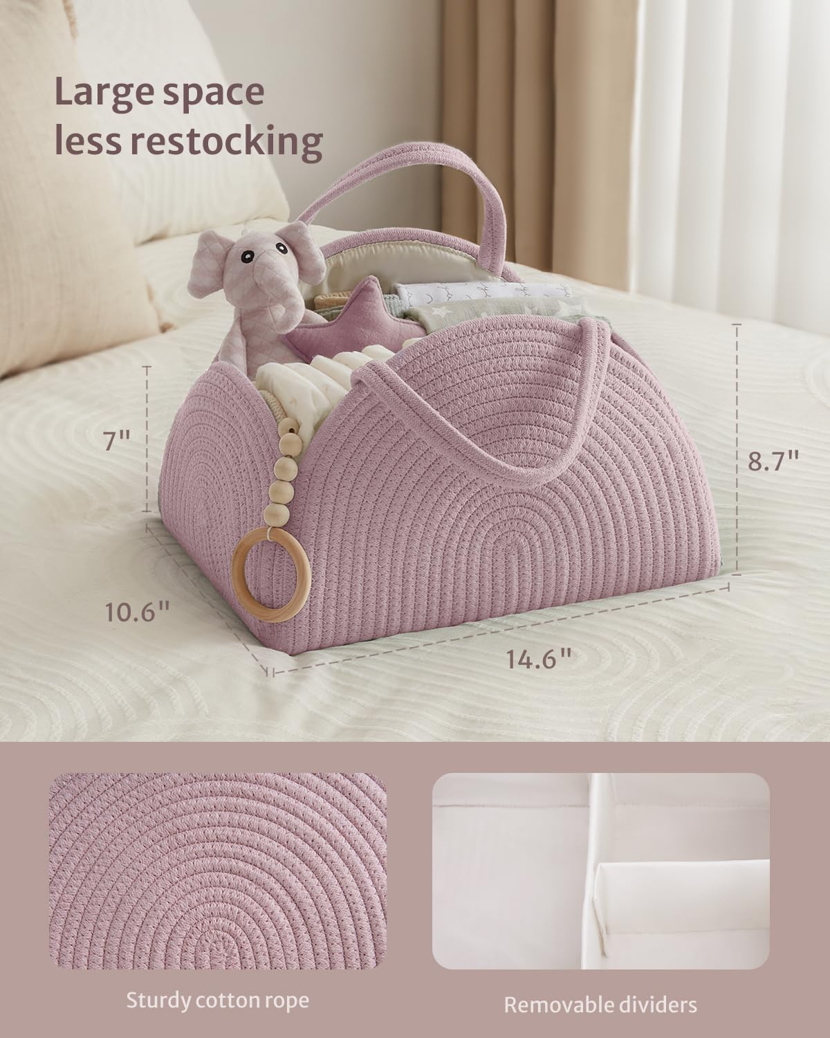 Blissful Diary Baby Diaper Caddy Organizer - Cotton Rope Storage Basket for Newborn Boys & Girls | Large Baby Shower Gift & Nursery Essentials | Perfect for Diaper Changing, Baby Care & Nursery Organization | Light Pink