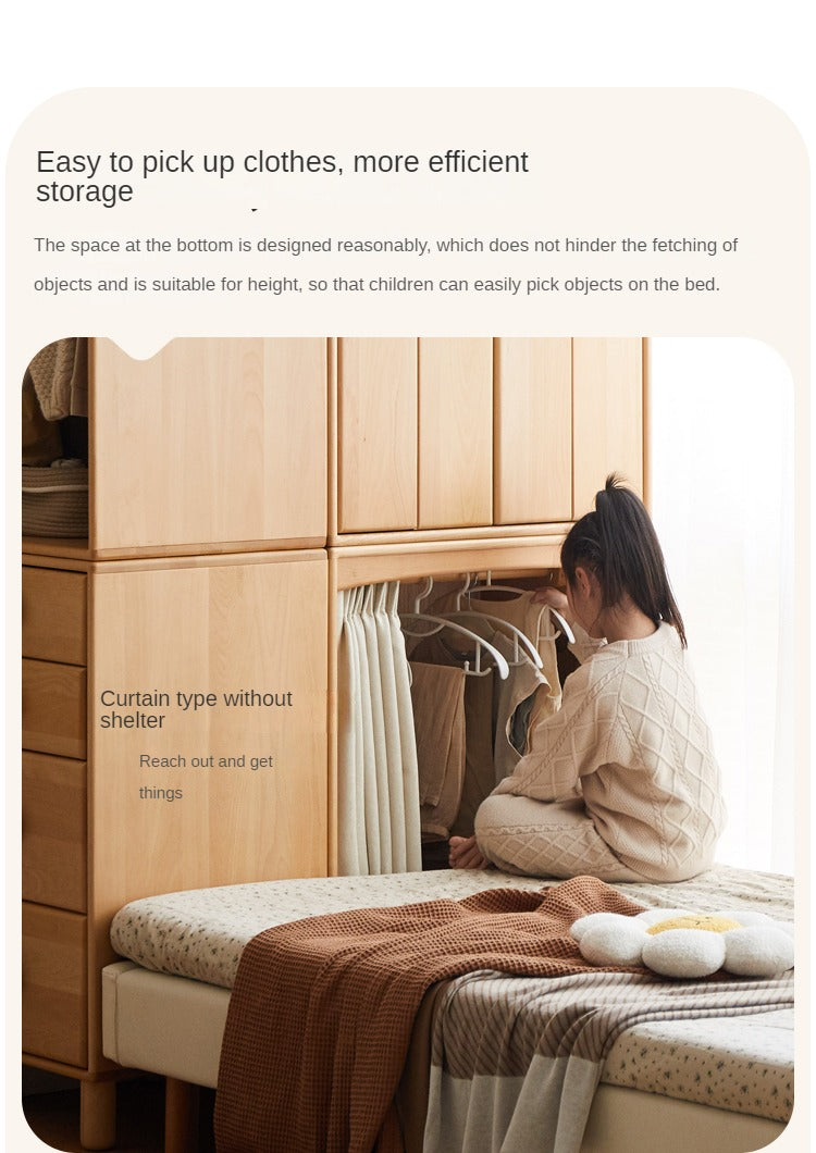 Solid Wood Beech & Rubber Kids Wardrobe - Multi-Functional Storage Cabinet for Bedroom, Nursery, and Playroom Organization