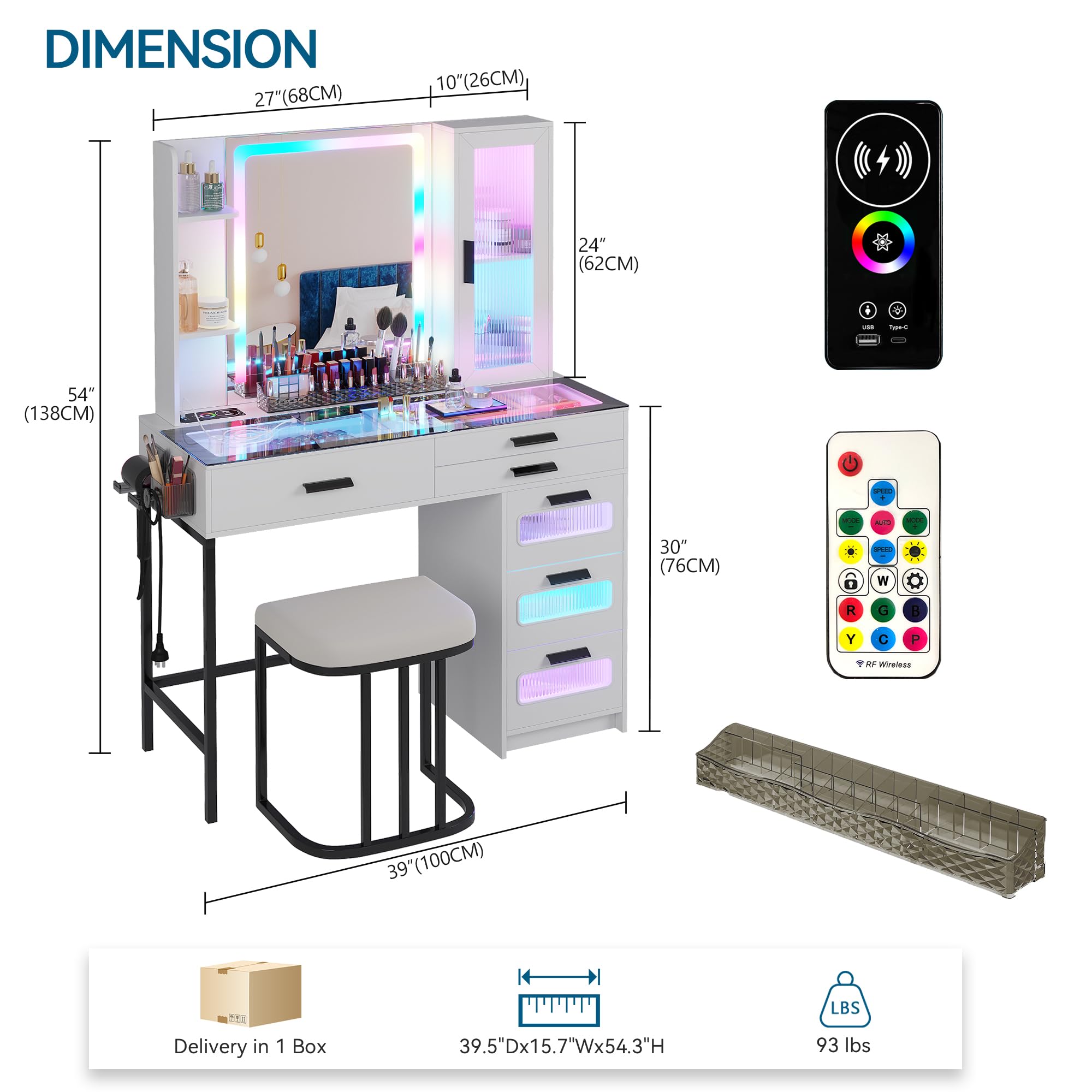 HENBC White LED Vanity Desk with Mirror, Wireless Charging Station (USB+Type-C), RGB Makeup Table Set with Stool, Organizer & 6 Drawers - Perfect for Bedroom, Dressing Room & Beauty Salon Makeup Application