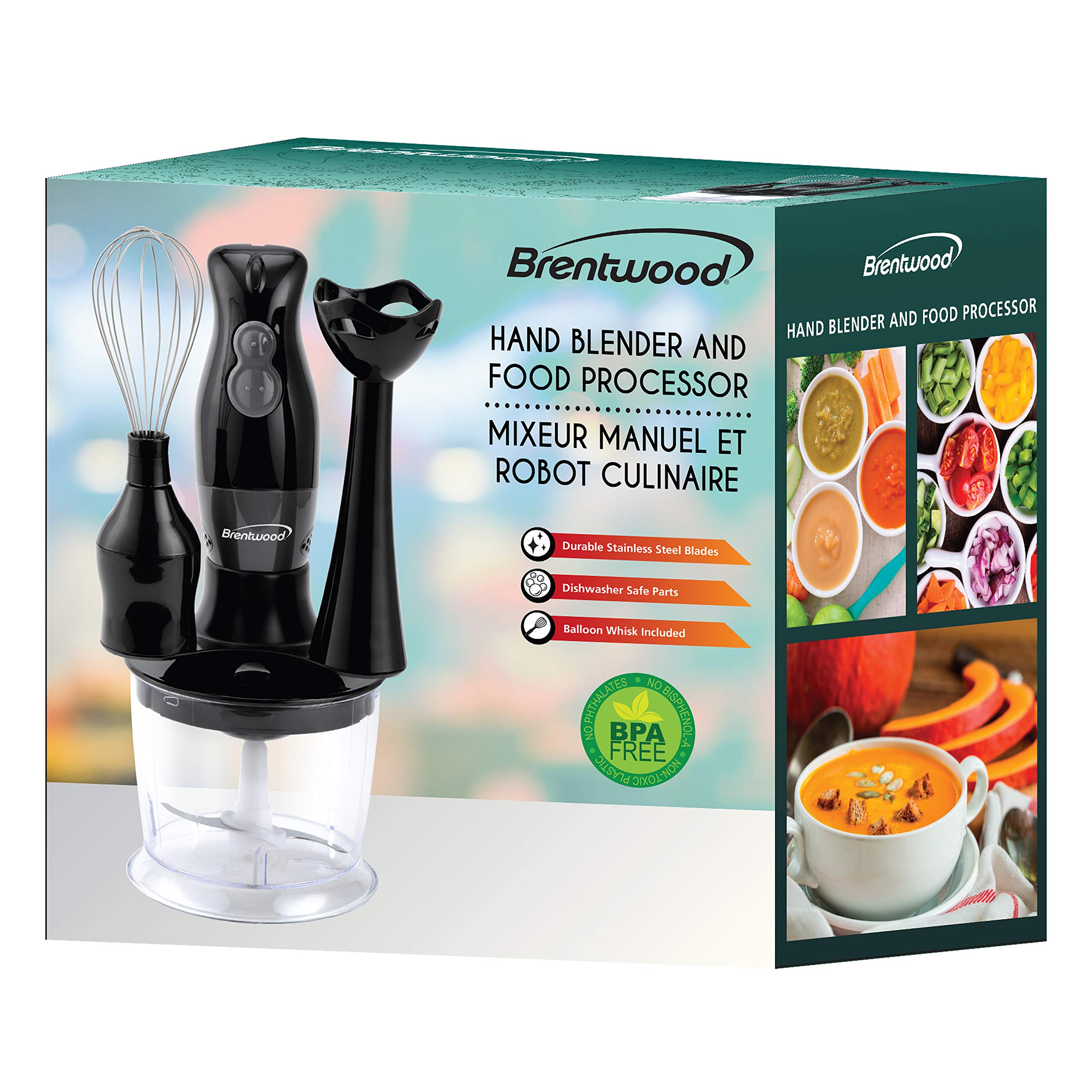 2-Speed Hand Blender & Food Processor with Balloon Whisk - Powerful 300W Immersion Blender for Smoothies, Soups, Baby Food - Includes Chopper & Whisk Attachments - Perfect for Kitchen, Baking & Meal Prep (Black)