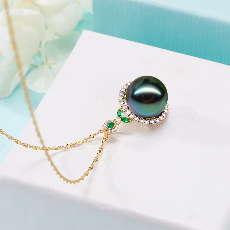 Tahitian Black Pearl Necklace for Women - 12-13mm Genuine South Sea Pearl Pendant in Sterling Silver Plated 18K Gold with Turquoise - Elegant Jewelry Gift for Christmas, Mother's Day & Valentine's Day - Perfect for Weddings, Anniversaries & Special Occasions