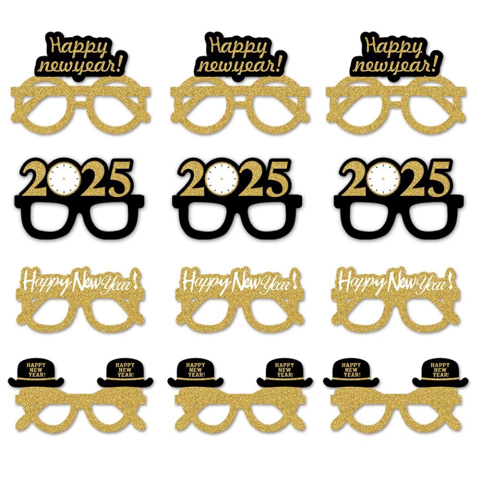 SWYOUN 2025 Glitter Cardboard Glasses - Happy New Year's Eve Party Glasses for Celebrations, Photo Props (12 Pack) - Perfect for NYE Parties, Countdown Events & Festive Celebrations