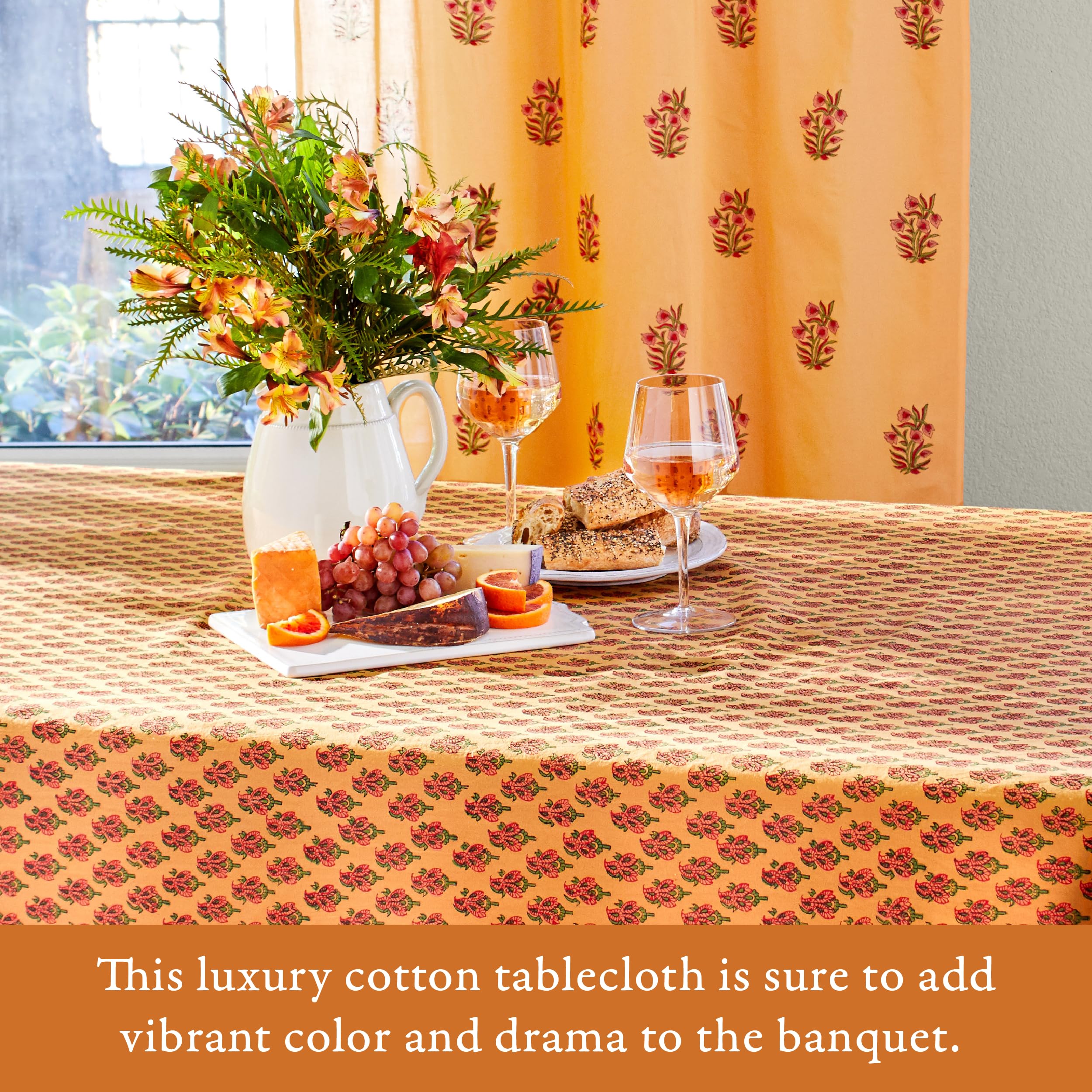Handmade Indian Block Print Cotton Tablecloth - Orange Summer Design 70x120 Inches | 100% Premium Washable Cotton for Dining Table, Kitchen Decor & Coffee Table | Perfect for Boho Home Decor, Dinner Parties & Outdoor Picnics