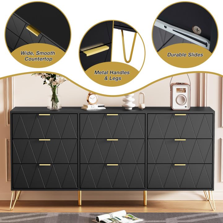 Anbuy 3-Piece Bedroom Furniture Set - 9-Drawer Dresser & 2 Nightstands with 2 Drawers Each, Modern Bedroom Storage Combo in Black - Perfect for Master Bedroom, Guest Room or Apartment Decor