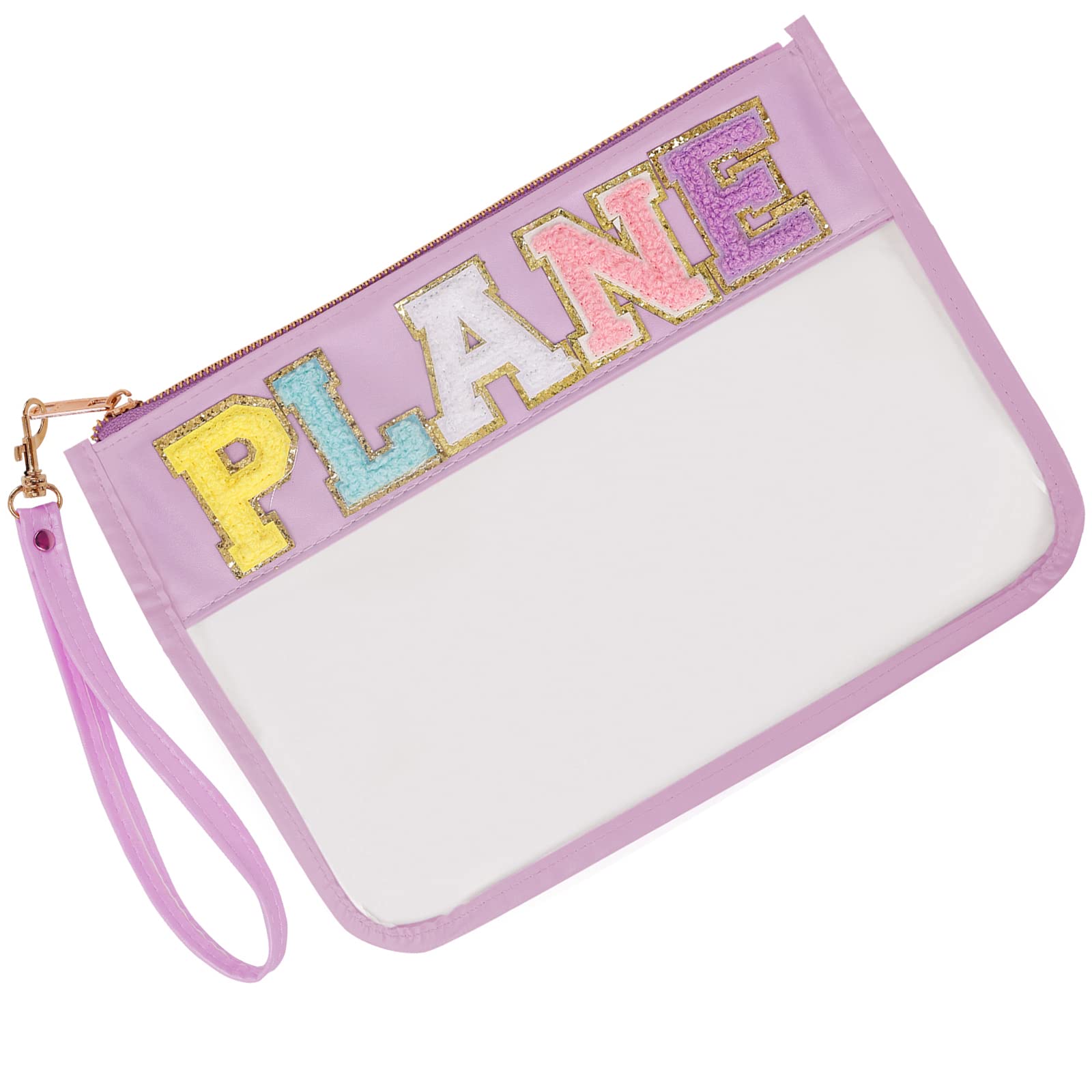 Monogram Letter Clear Cosmetic Bag with Chenille Glitter Patch - Zippered Toiletry Pouch for Women & Girls - Travel, Beach, Plane Essentials - Portable Makeup & Snack Wristlet (Purple) - Perfect for Vacation, Gym, Pool Parties & Daily Use