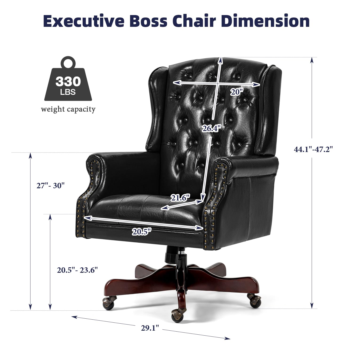 Premium Faux Leather Tufted Office Chair - High Back Executive Desk Chair with Nail Head Trim & Ergonomic Wingback Design for Home Office, Gaming, and Living Room - Deep Black - Perfect for Long Work Sessions, Video Calls, and Comfortable Relaxation