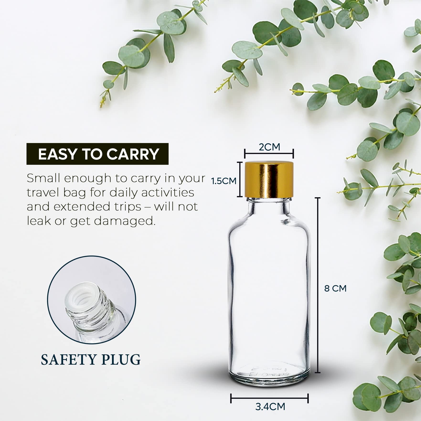 NSB Herbals 50ml Clear Round Empty Glass Bottles with Gold Seal Cap & Safety Plug - Refillable, Leak Proof Essential Oil Bottles, Perfume Containers (Pack of 6) - Perfect for DIY Aromatherapy, Travel & Gift Packaging
