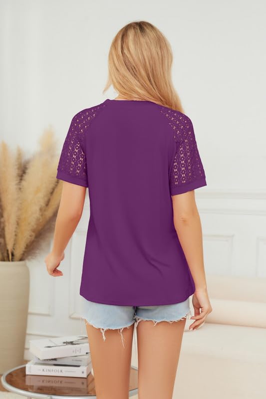 Trendy Women's Lace Short Sleeve Crewneck T-Shirts - Elegant Pleated Blouse & Tunic Top for Casual & Dressy Outfits | Perfect for Office, Date Night & Summer 2024 Fashion