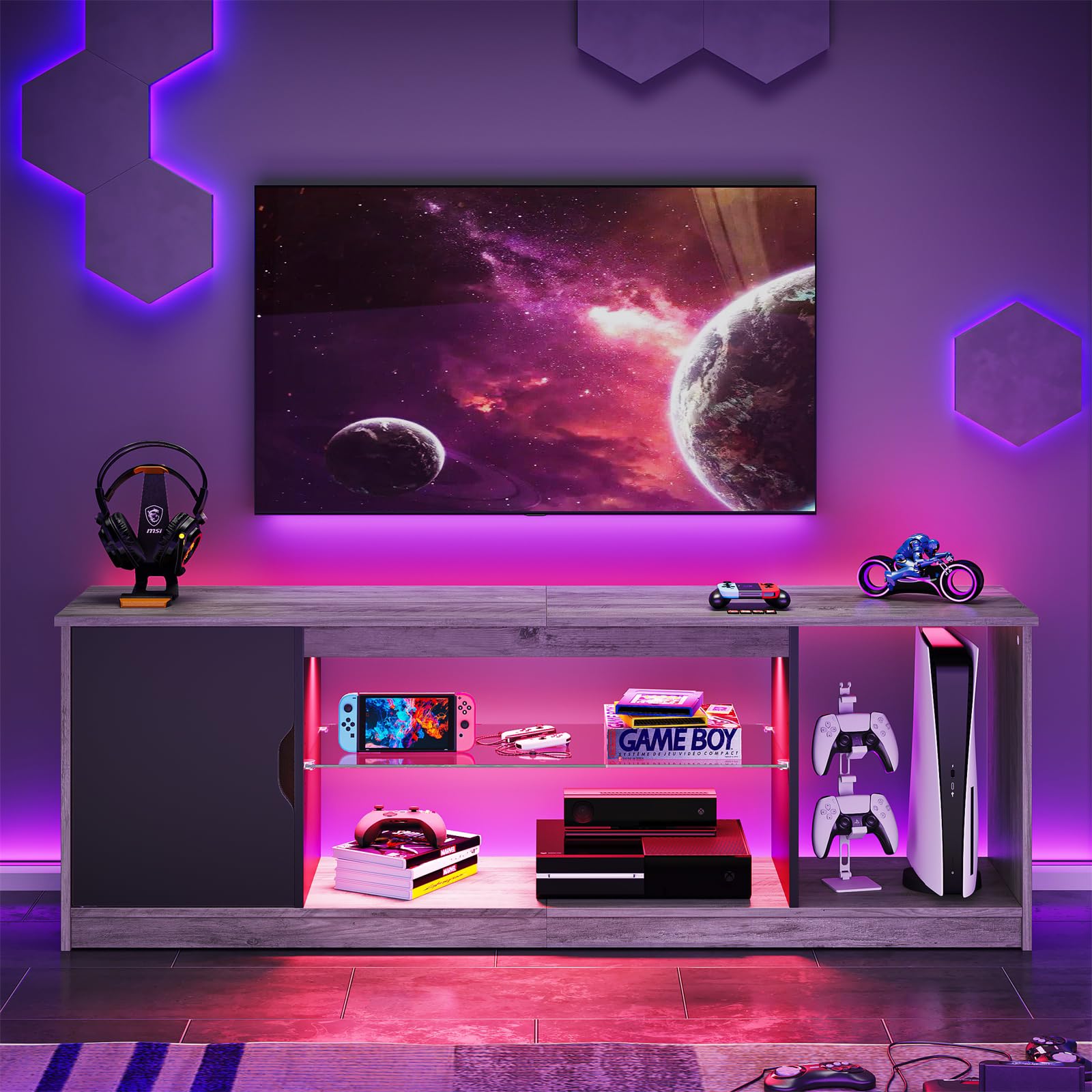 Bestier 57 Inch LED TV Stand for 55/60/65 Inch TVs - Modern Entertainment Center with Storage Cabinet for PS5, Xbox & Media Devices - Adjustable Glass Shelves - Grey Wash Finish - Perfect for Living Room & Bedroom Gaming Setup
