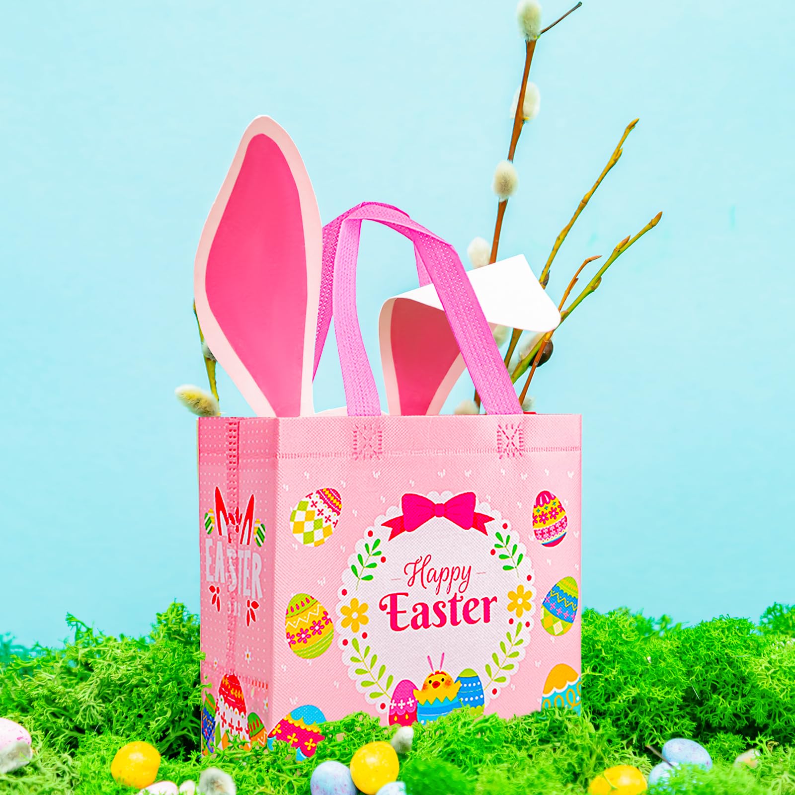 MGparty 24 Pack Easter Gift Bags with Handles - Reusable Non-Woven Holiday Favor Bags for Egg Hunt, Candy & Treats (8.9×8.7×4.3inch) - Perfect for Easter Party Favors, Classroom Treats & Spring Celebration Gifts