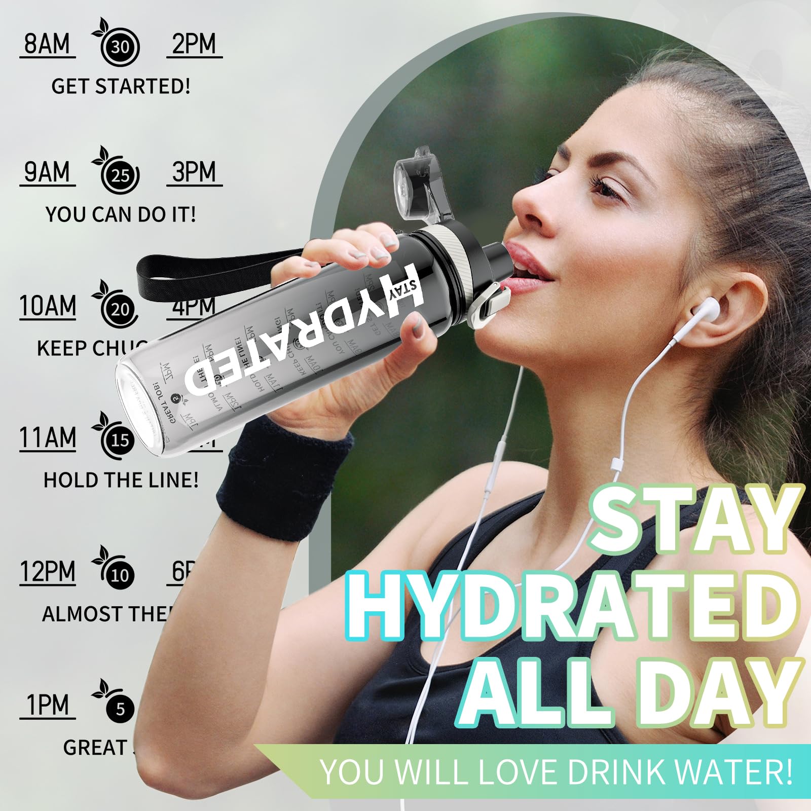 32 oz Motivational Water Bottle with Time Marker - BPA Free Tritan Sports Water Bottle, Leakproof Wide Mouth with Drink Reminder & Strap - Perfect for Gym, Fitness, Hiking & Outdoor Activities - Great Christmas Gift