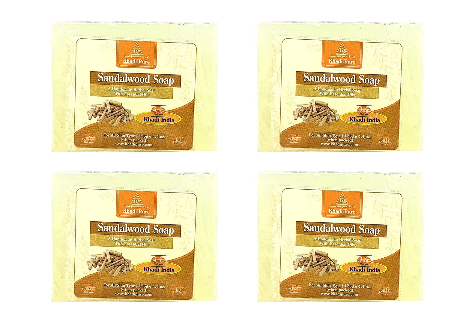 Khadi Pure Herbal Sandalwood Soap - 100% Natural & Organic, 125g (Pack of 4) for Soft, Glowing Skin - Perfect for Daily Face & Body Cleansing, Spa & Relaxation