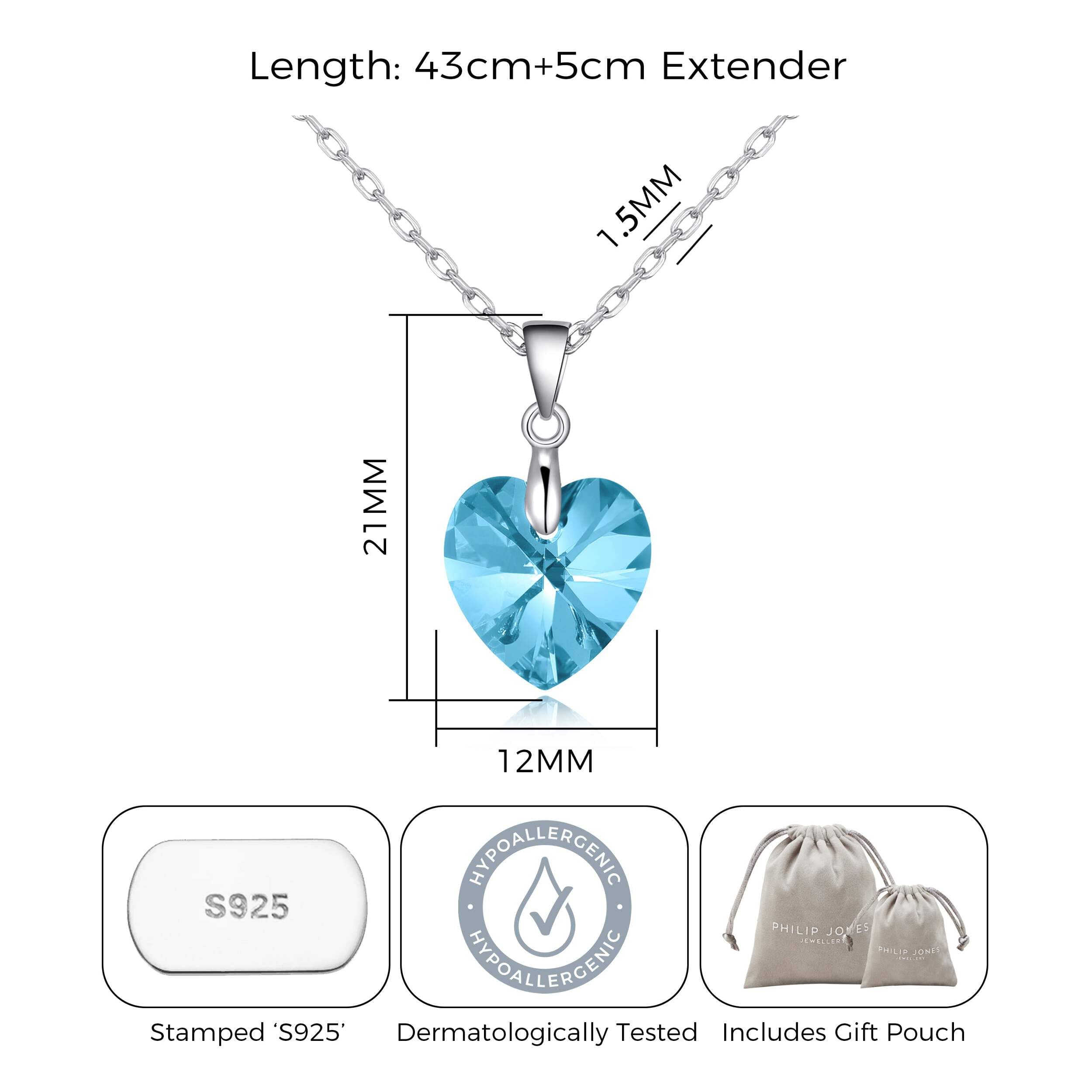Sterling Silver Aquamarine Heart Necklace with Zircondia® - Perfect for Gifts & Anniversaries