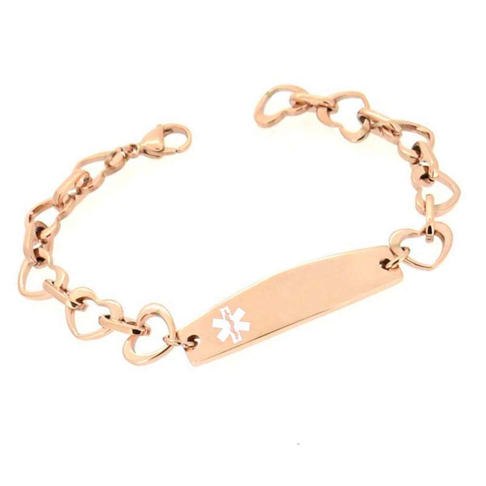 Medical Alert Rose Gold Stainless Steel Open Heart Bracelet for Diabetes - Emergency ID Jewelry for Women & Men - Perfect for Daily Wear, Travel & Outdoor Activities