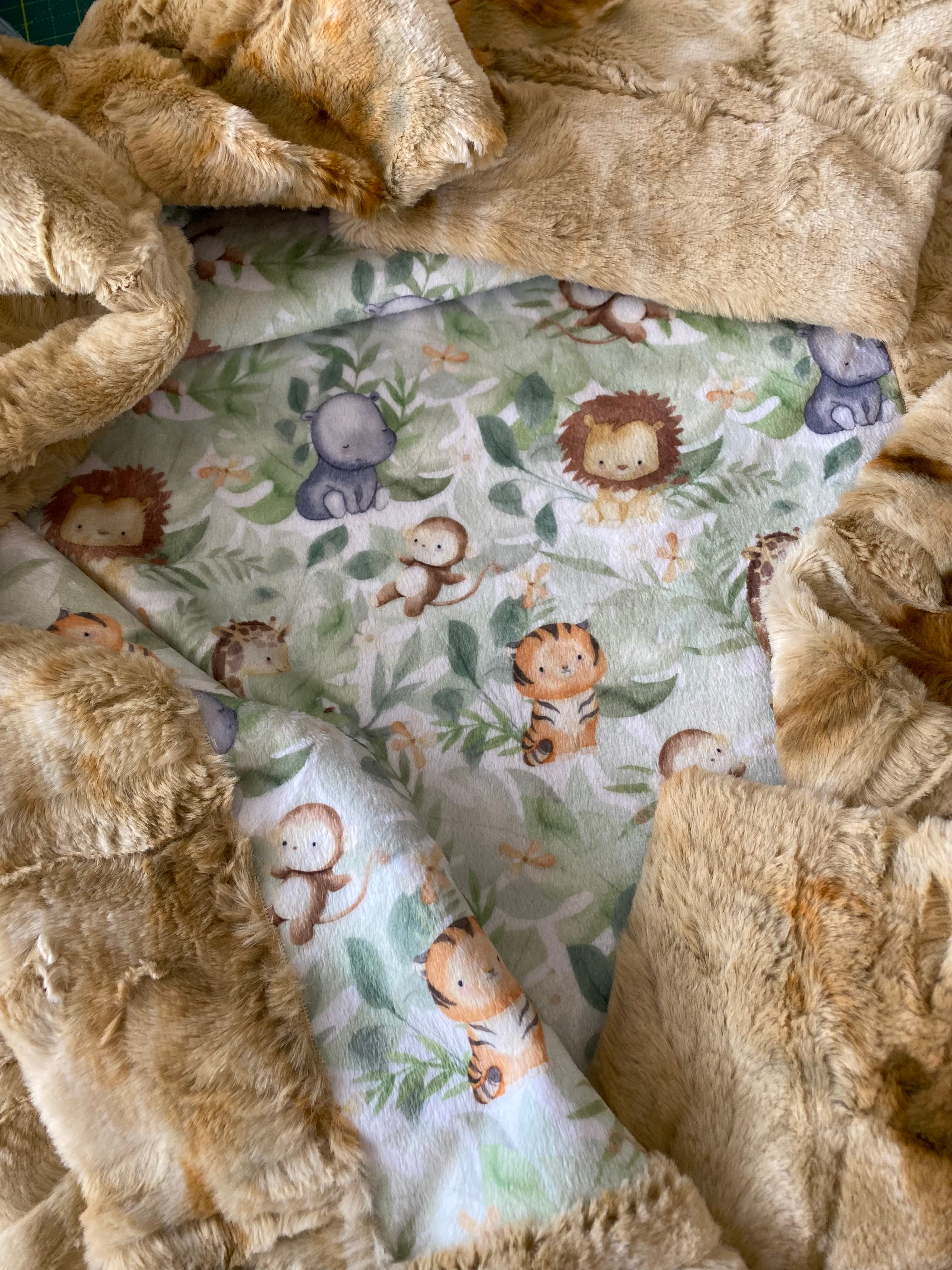 Soft Tie Dye Rabbit Beige Minky Baby Blanket with Safari Animals (Lion, Giraffe, Monkey) - 30x45 Inches - Perfect for Nursery, Stroller & Toddler Bedtime