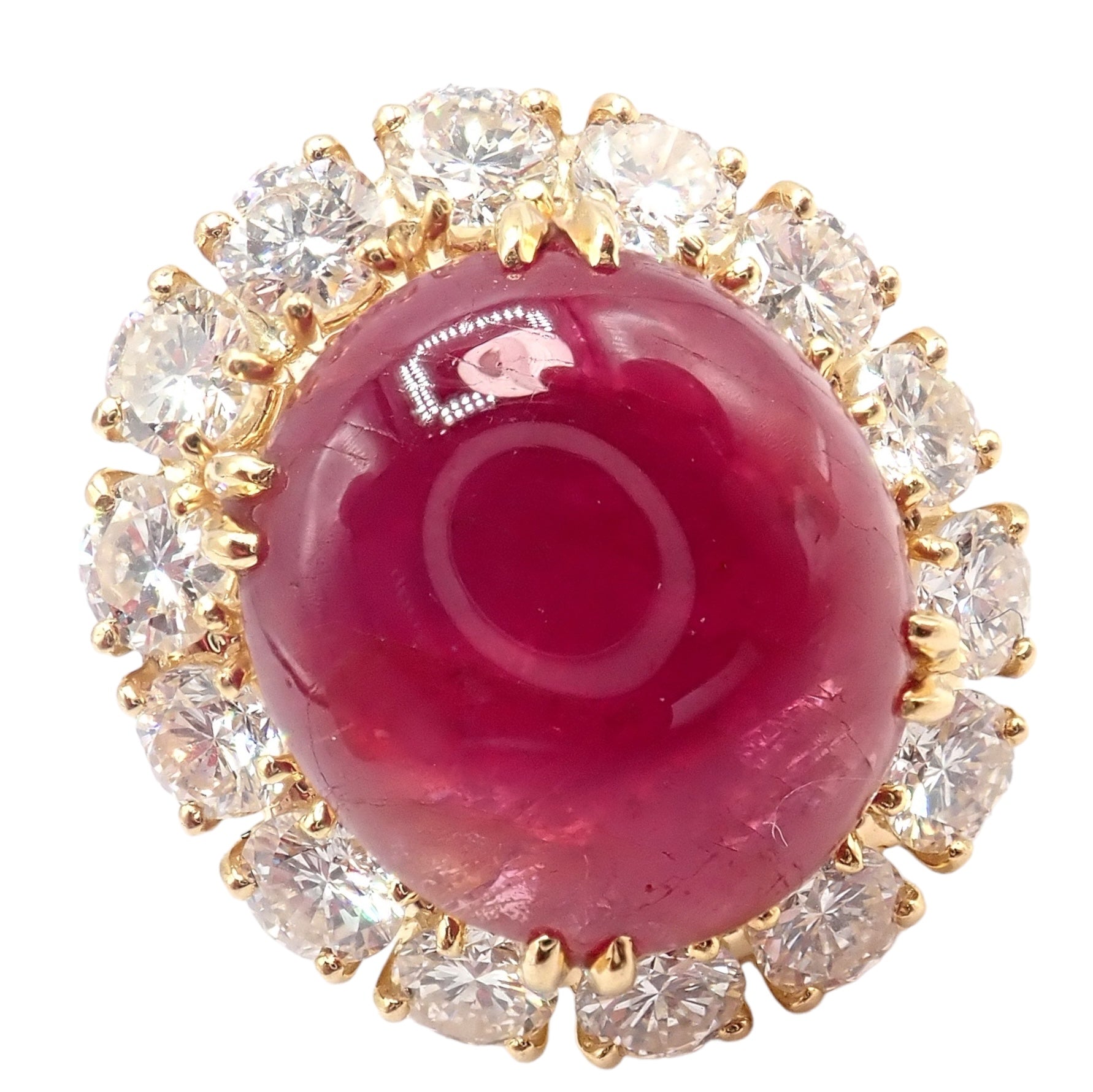 Authentic Van Cleef & Arpels 18k Yellow Gold Large Cabochon Ruby Diamond Ring for Women - Luxury Jewelry Gift for Anniversary, Engagement & Special Occasions