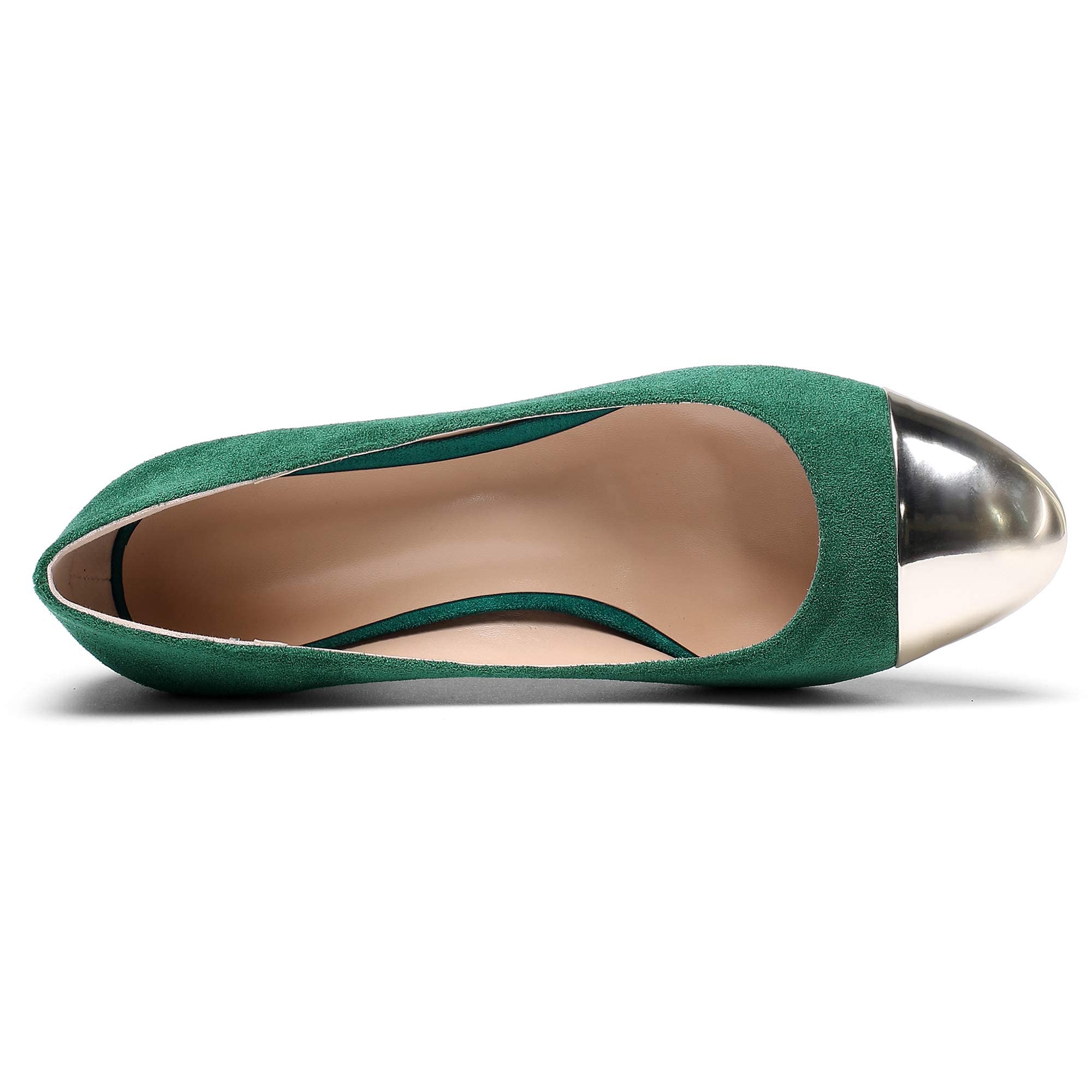 YODEKS Women's Low Block Heel Slip-On Pumps - Round Toe Chunky Heel Dress Shoes for Business, Wedding & Office Wear - Silver-Green Suede US 7.5 | Comfortable Work Shoes for Professional Women & Special Occasions