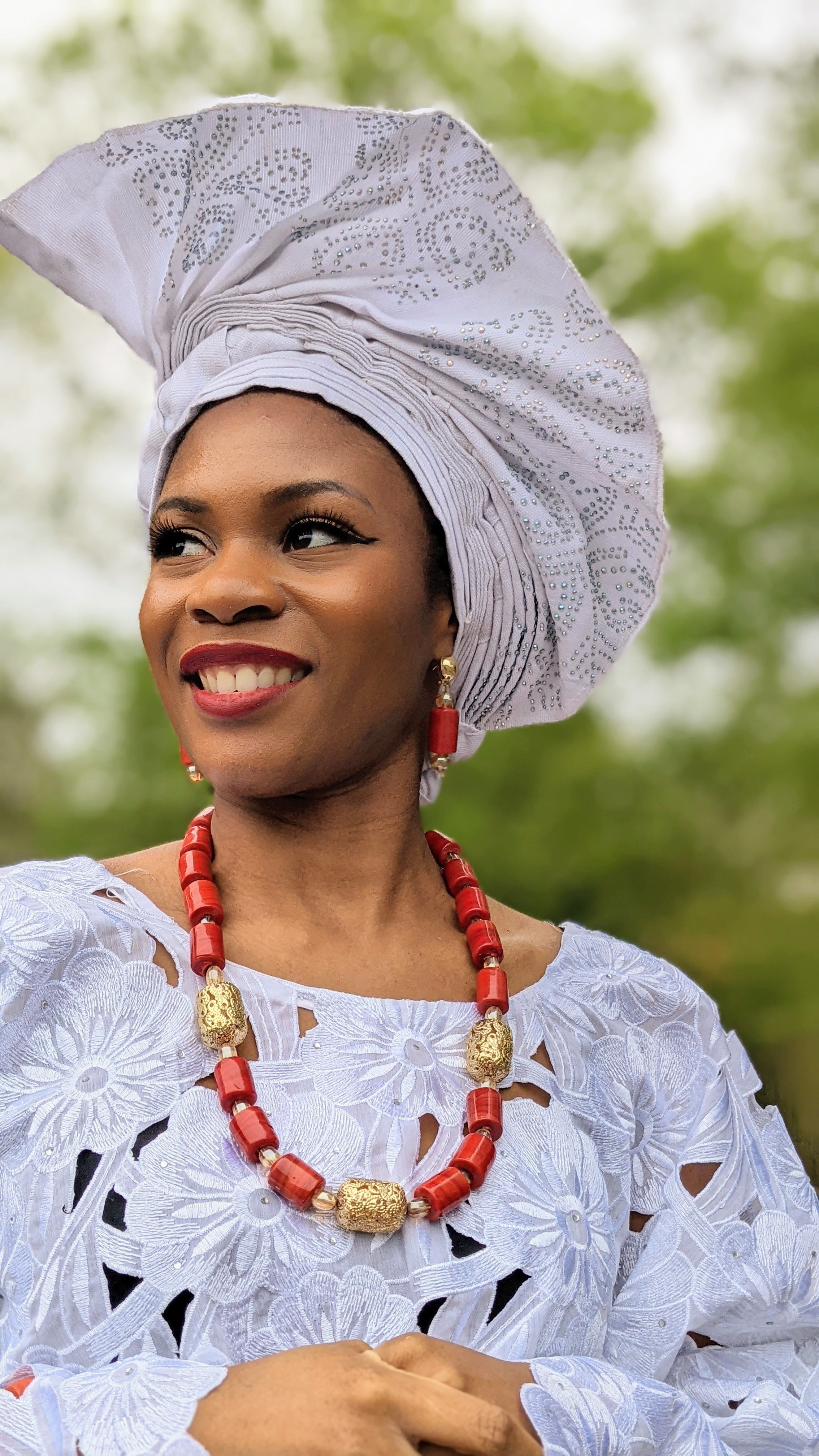 Adjustable Pre-Tied White African Aso Oke Head Wrap - Elegant Autogele Style for Women - Perfect for Weddings, Parties & Special Occasions