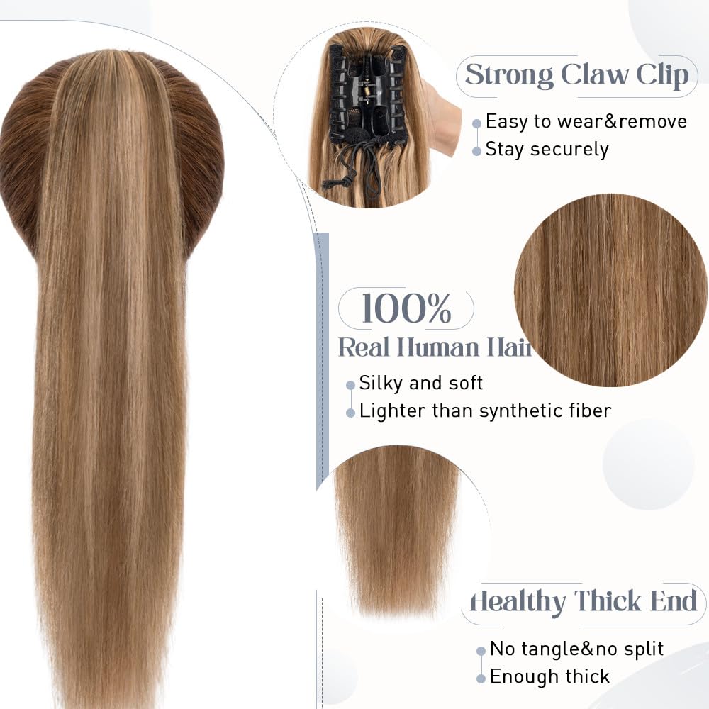 Rich Choices Clip-In Human Hair Ponytail Extension - 22 Inch Real Hair Ponytail with Balayage Medium Brown & Dark Blonde Highlights (120g) - Perfect for Women's Everyday Styling, Parties & Special Occasions