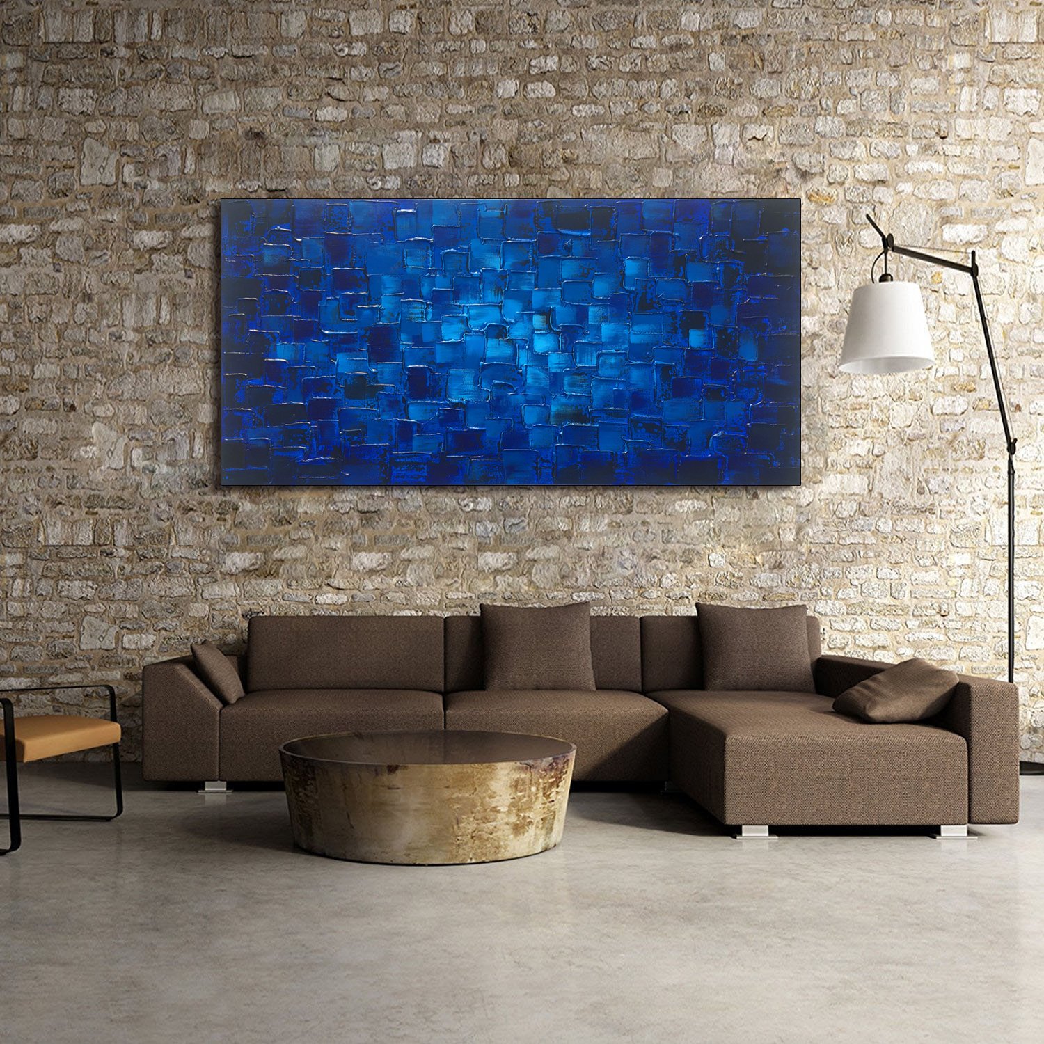 Large Abstract Dark Blue Square Wall Art - Hand Painted Textured Oil Painting on Canvas (60x30 inches) Ready to Hang - Perfect for Living Room, Bedroom & Office Decor