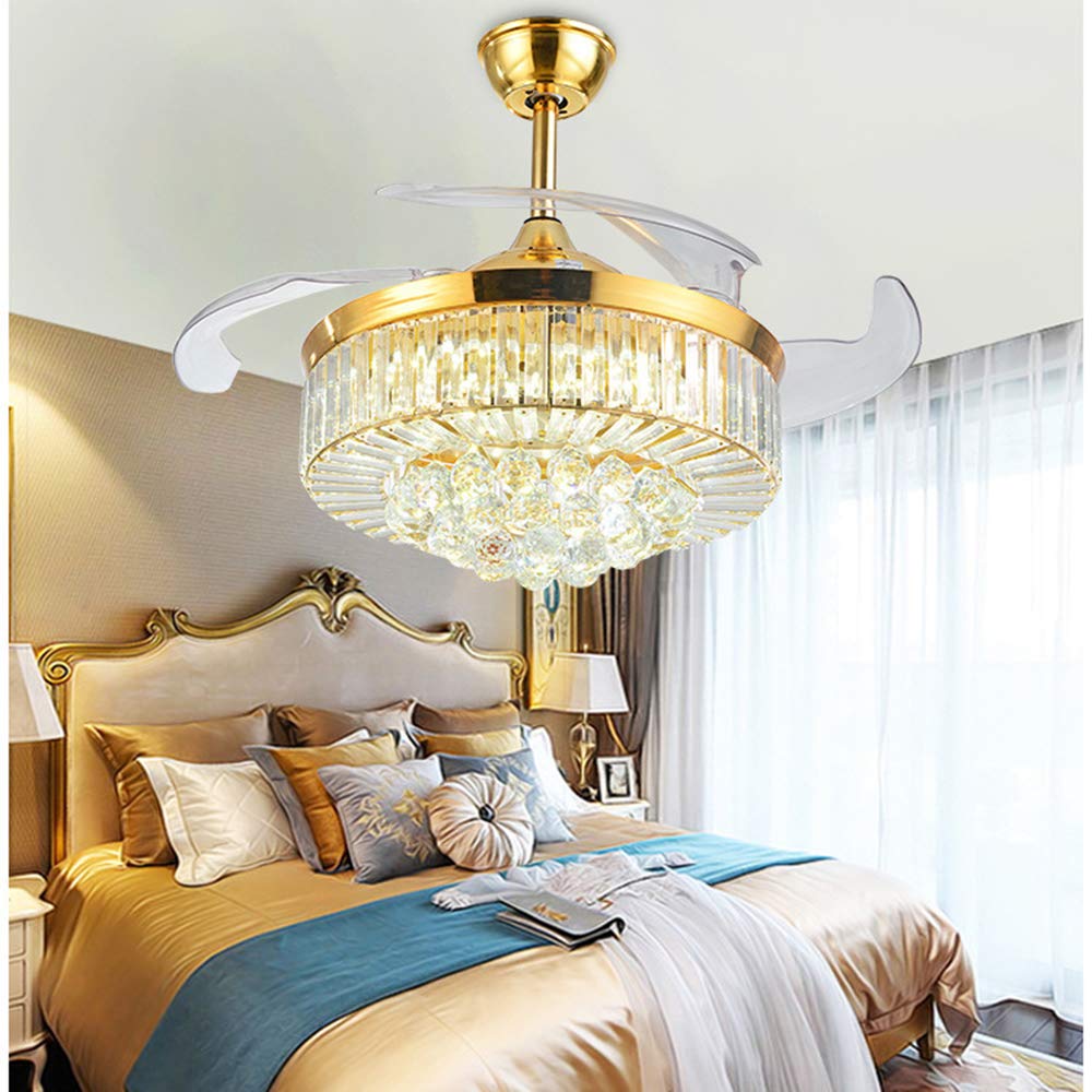 36/42 Inch Modern Luxury K9 Crystal Ceiling Fan with 4 Retractable Blades - 3 Speed Silent Operation, LED Lighting Fixture for Home, Restaurant, Office & Hotel - Perfect for Living Room, Bedroom, Dining Area and Commercial Spaces