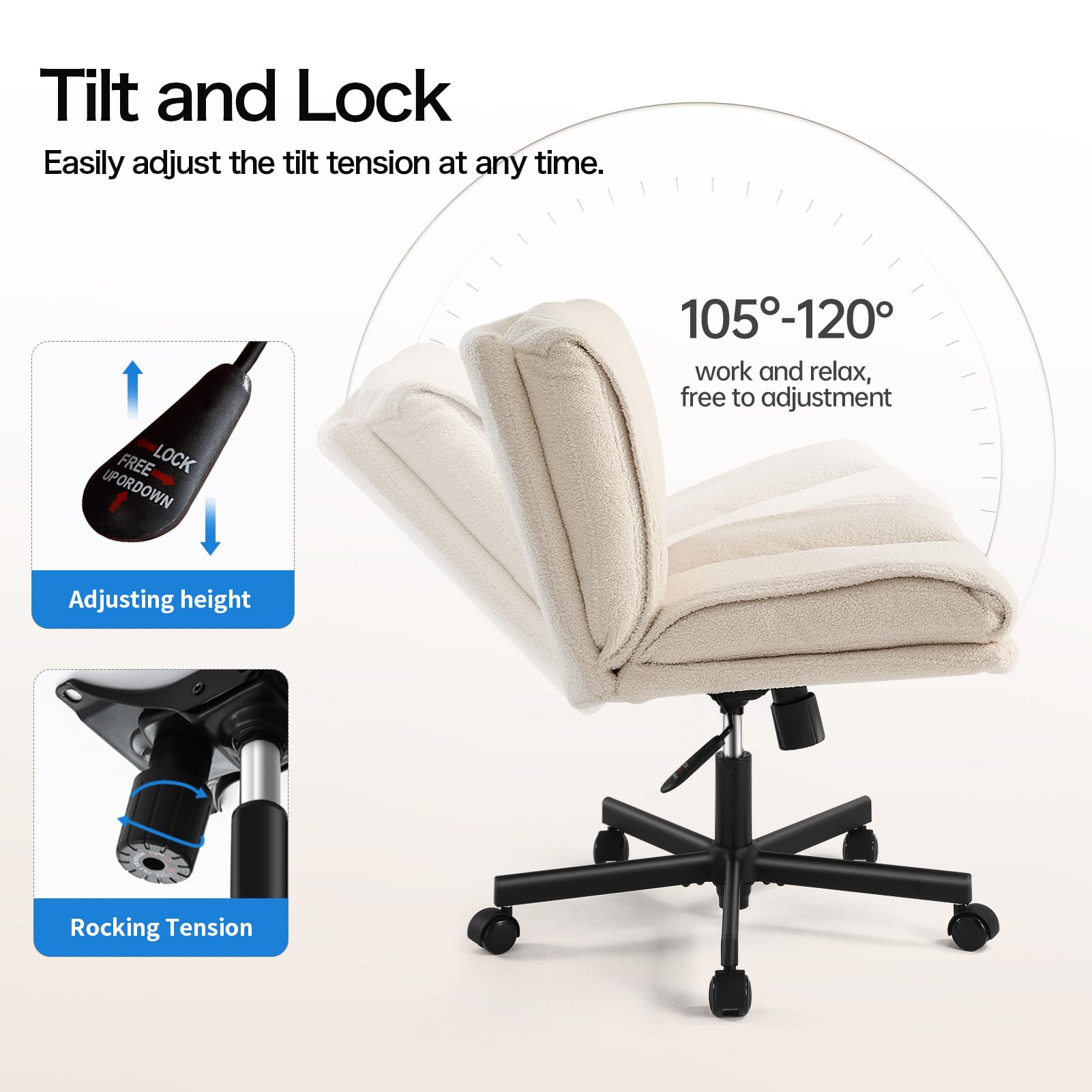 LEAGOO Criss Cross Chair with Wheels - Furry Armless Desk Chair, Comfy Wide Seat Cross Legged Office Chair - Height Adjustable Swivel Vanity Chair for Home Office, Makeup, Gaming & Reading - Cream White