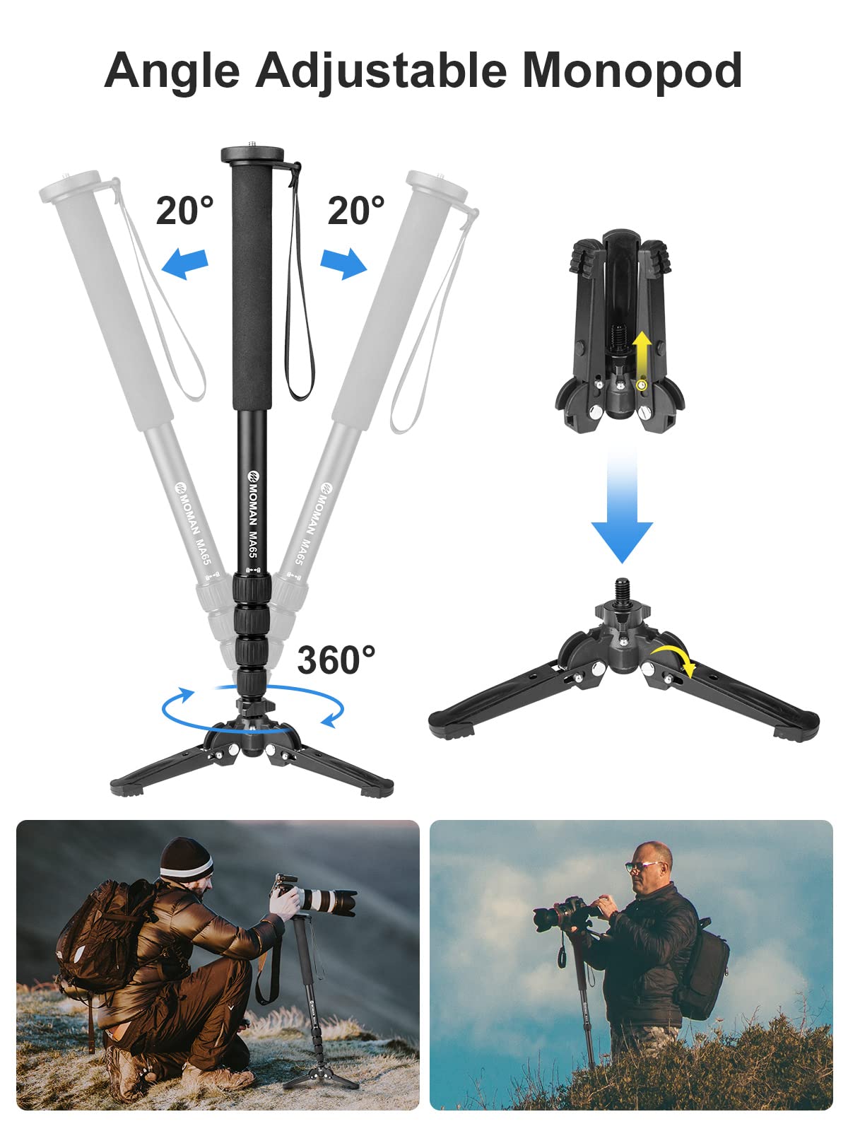 Portable Aluminum Camera Monopod - Moman MA65 Extendable Travel Monopod with Tripod Base for DSLR Cameras (Max Load 22 lbs) | Perfect for Travel, Vlogging & Outdoor Photography