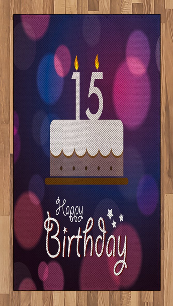 Ambesonne 15th Birthday Area Rug - Number 15 Candles Cake Abstract Design, Non-Slip Flat Woven Accent Rug for Living Room, Bedroom, Dining Room - 2'6