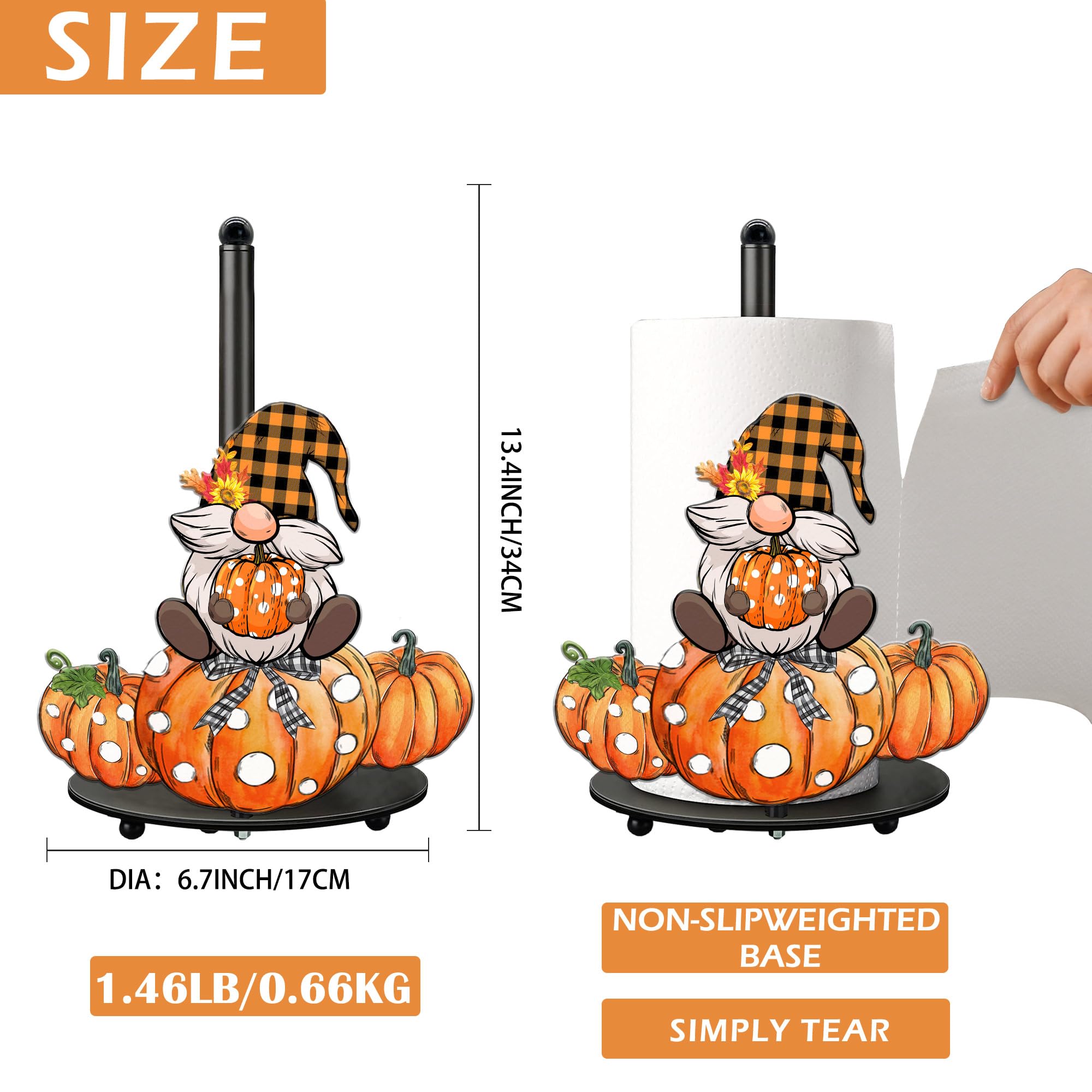 HexaGram Fall Paper Towel Holder - Rustic Farmhouse Kitchen Decor with Pumpkins & Gnomes, Large Countertop Towel Stand (13.4