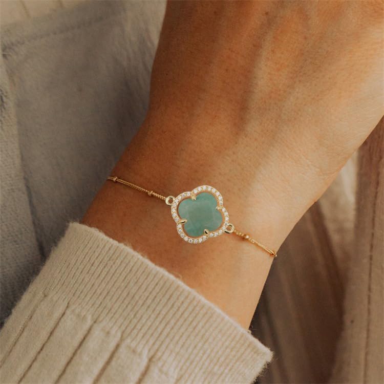 18K Gold Plated Lucky Clover Crystal Adjustable Bracelet for Women - Elegant Fashion Jewelry Gift for Birthday, Anniversary & Everyday Wear