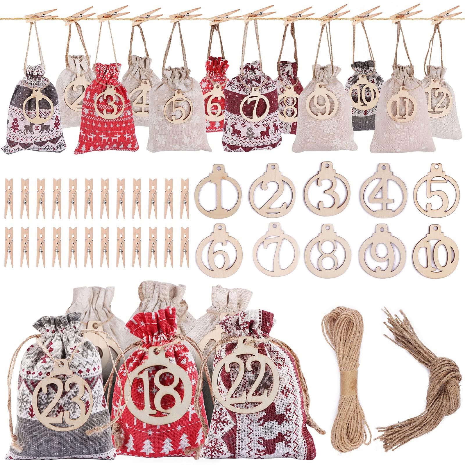 Kalolary 24 Days Christmas Advent Calendar Bags - Burlap Drawstring Gift Bags for Kids & Adults, DIY Holiday Candy Bags - Perfect for Christmas Countdown, Party Favors & Festive Home Decorations