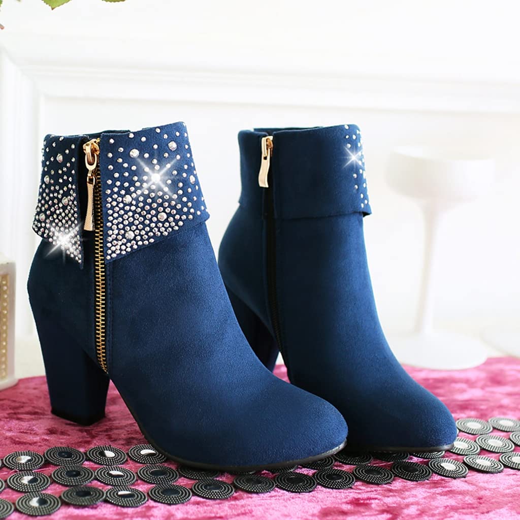 Mioke Women's Chunky Block Heel Ankle Boots - Rhinestone Decor Round Toe Suede Booties with Side Zipper for Party, Night Out & Date Night