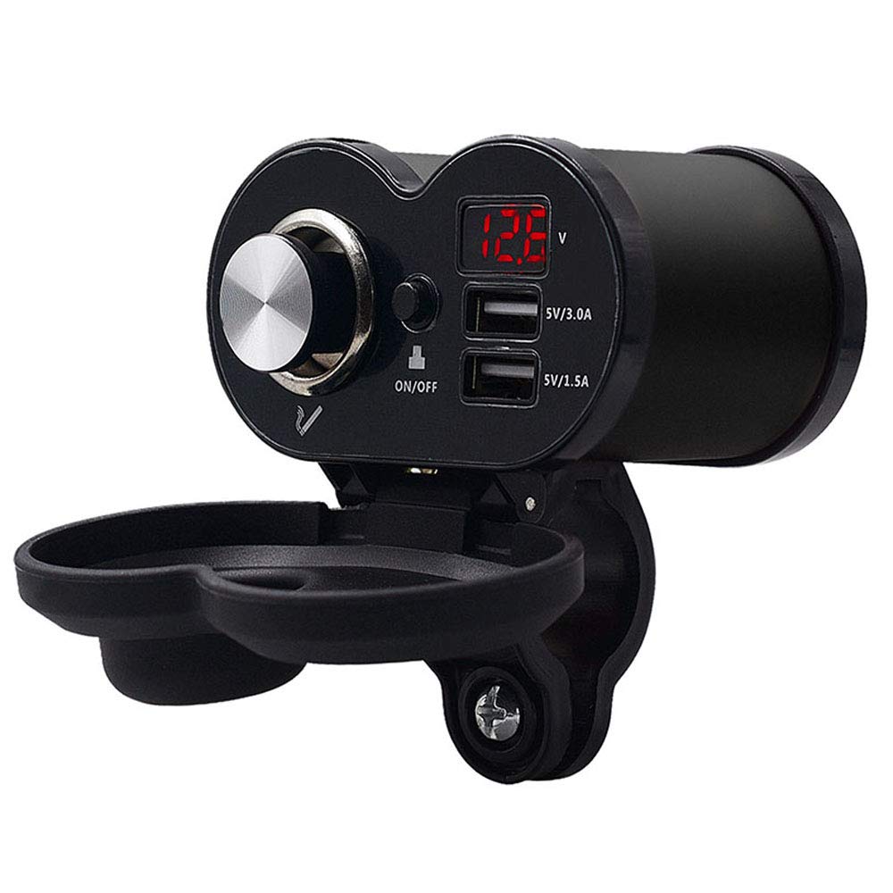 12V/24V Motorcycle USB Charger with QC 3.0 Fast Charging, Dual USB Ports & LED Voltmeter - Waterproof Black Cigarette Lighter Socket for Phone & Devices - Perfect for Long Rides, Road Trips & Outdoor Adventures