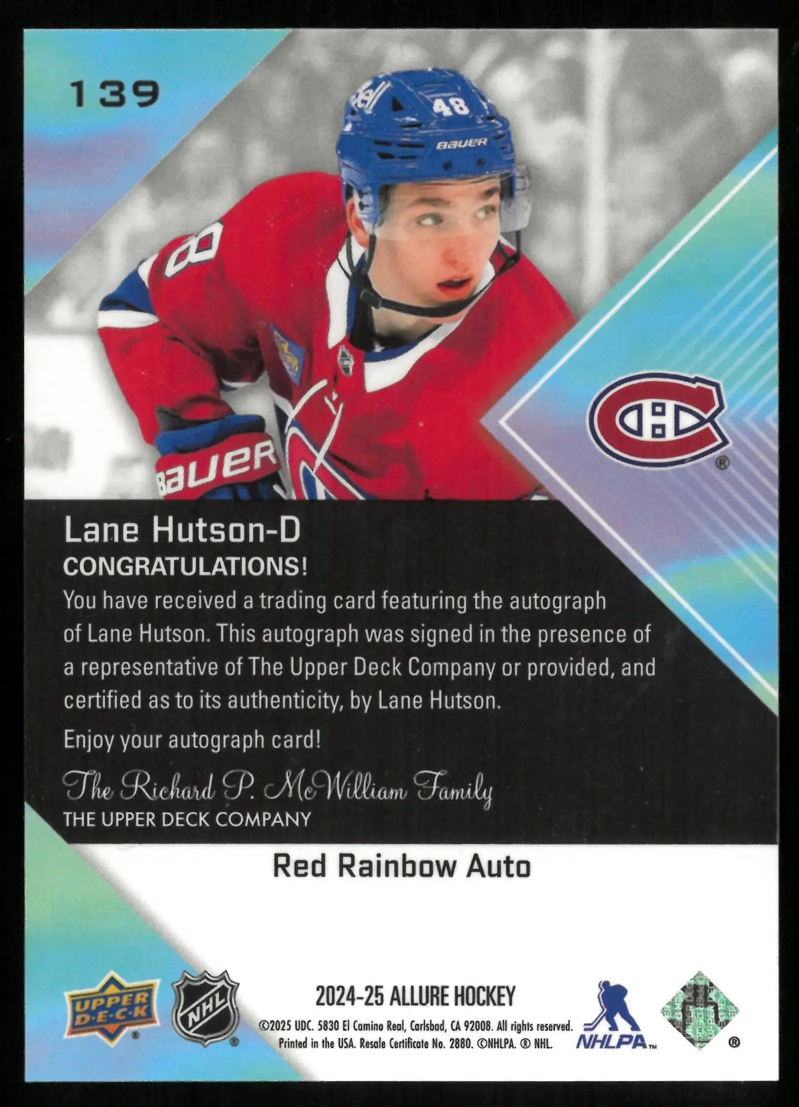 2024-25 Upper Deck Allure Hockey Lane Hutson Rookie Red Rainbow Auto SP - Rare Collectible Hockey Card for Trading, Display & Investment