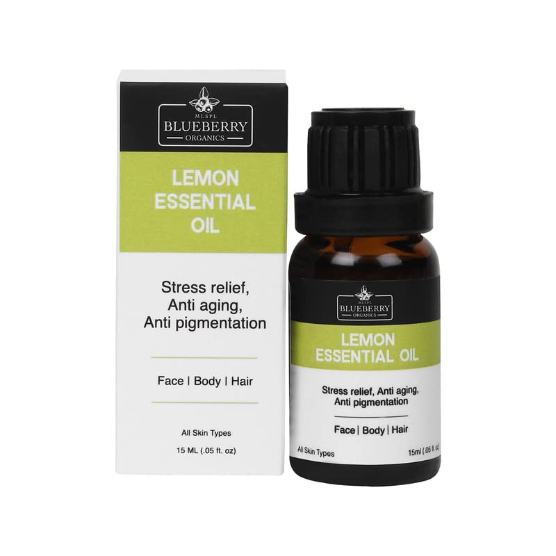 MLSPL BLUEBERRY ORGANICS Pure Lemon Essential Oil - 15ml | Natural Skin Brightening & Dandruff Treatment | For All Skin & Hair Types | Perfect for Aromatherapy, DIY Beauty & Hair Care