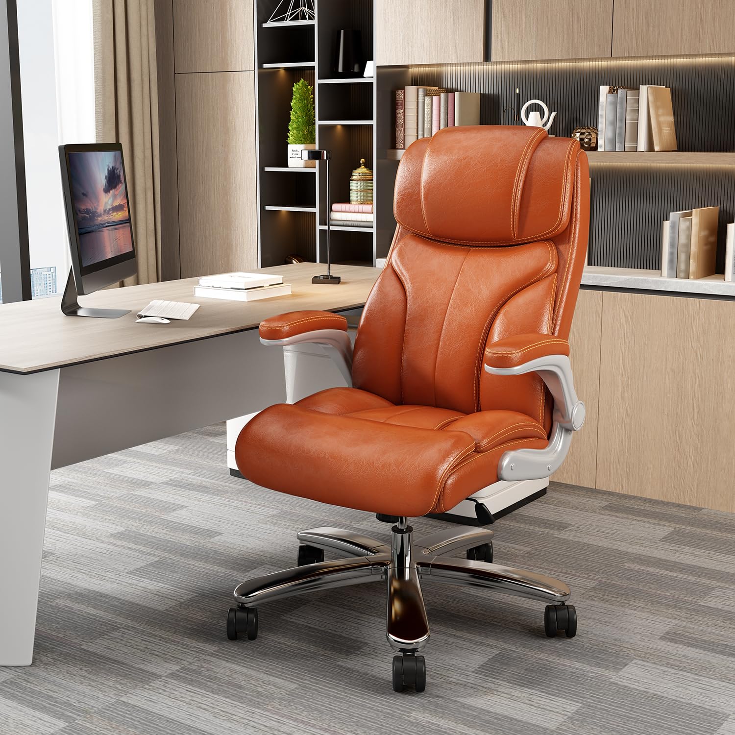 Premium Leather Executive Office Chair - High Back Big & Tall Desk Chair with Wheels, Flip-Up Arms & Lumbar Support - Ergonomic Computer Chair for Home Office (Orange) - Perfect for Long Work Hours & Professional Workspaces