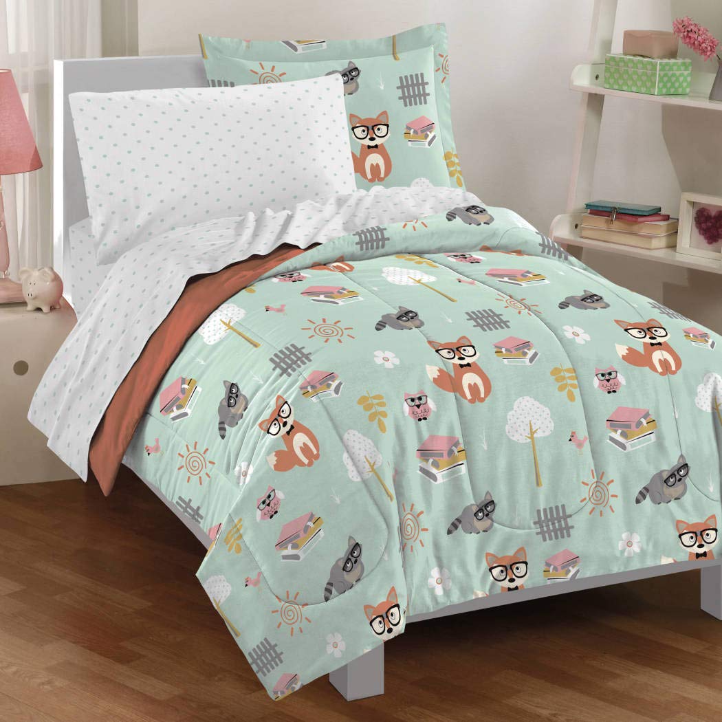 5-Piece Kids Unisex Mint Green & Orange Woodland Comforter Twin Set - Safari Themed Bedding with Adorable Forest Animals (Foxes, Raccoons, Owls) - Cute Novelty Polyester Bed-in-a-Bag - Perfect for Nursery, Kids' Room Decor & Themed Birthday Gifts