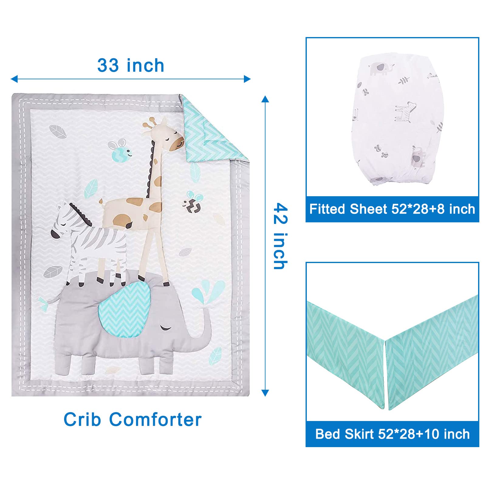 Premium 3-Piece Gray Elephant Crib Bedding Set - Breathable & Soft Nursery Bedding for Baby Boys & Girls | Perfect for Newborn Gifts & Cozy Nursery Decor