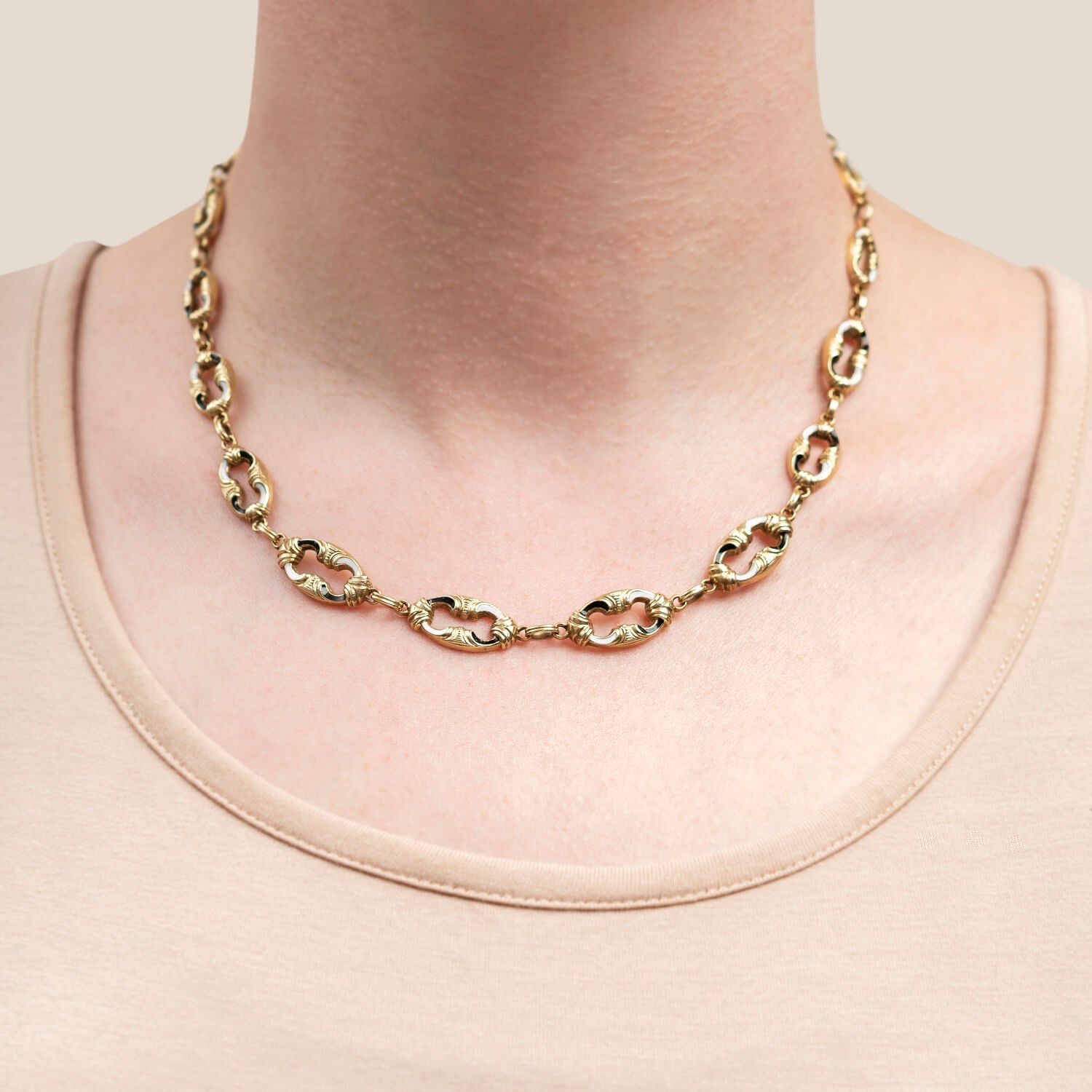 Edwardian 14K Gold Swiss Enamel Open Link Chain Necklace 17.5 Inches - Vintage Jewelry for Women, Elegant Gift for Anniversary & Special Occasions
