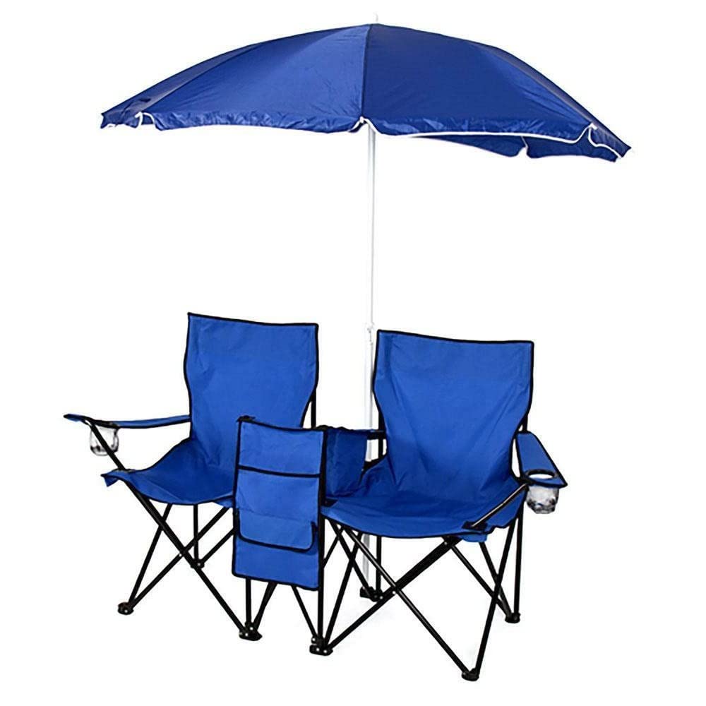YeSbTx Heavy Duty Double Folding Picnic Chairs - 2-Person Portable Camping Chair with Removable Umbrella & Cooler Bag - Supports 179.5LBS - Perfect for Beach, Garden, Poolside, Fishing & Outdoor Events - Blue
