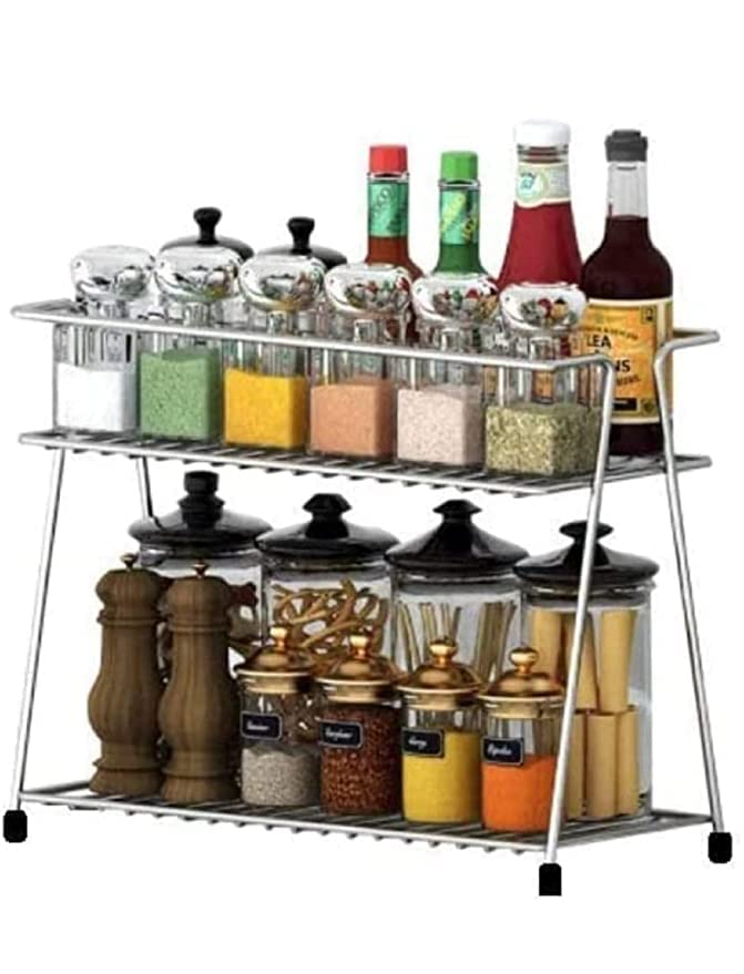 Premium 2-Tier Stainless Steel Kitchen Corner Rack - Space Saving Countertop Organizer for Spices, Utensils & Cutting Boards | Durable Silver Metal Storage Shelf for Small Kitchen, Pantry & Countertop Organization