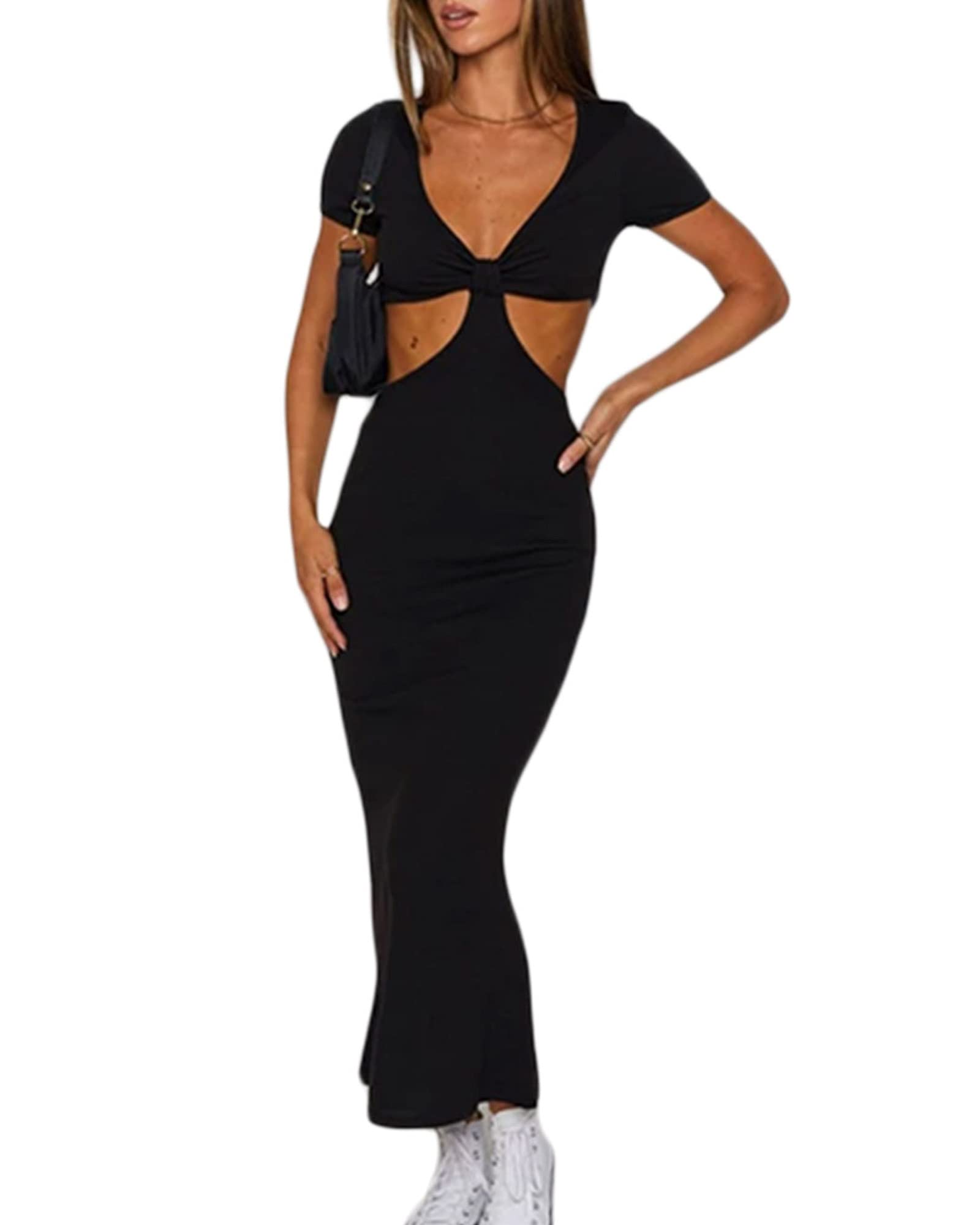 Sexy Women's Knitted Cut Out Dress - Spaghetti Strap V Neck Backless Long Maxi Dress for Club Party, Y2K Streetwear | Perfect for Night Out, Date Night, and Summer Festivals