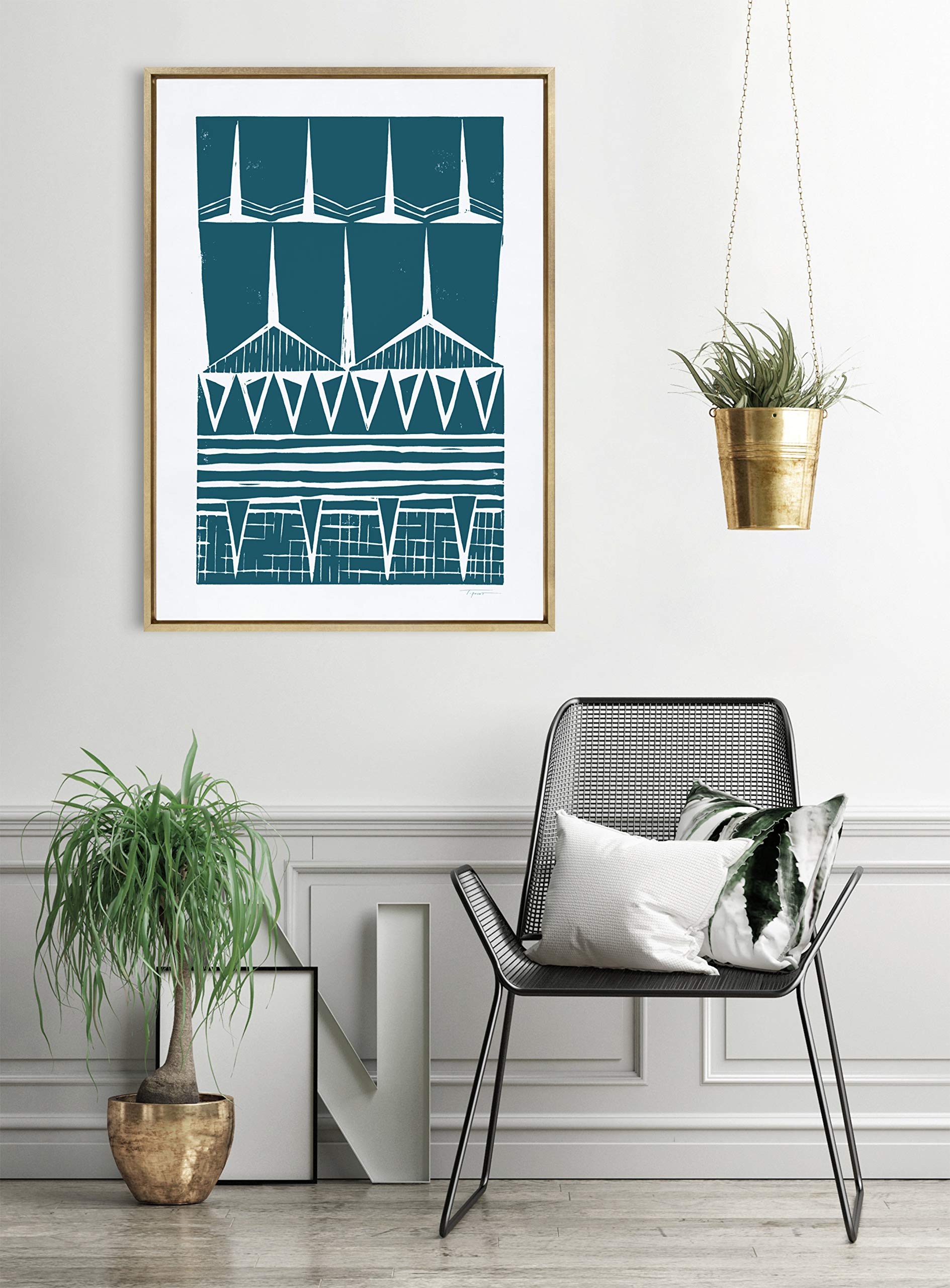 Kate & Laurel Sylvie Modern Tribal Block Print Teal Framed Canvas Wall Art - 28x38 Inches Gold Frame - Contemporary Abstract Home Decor for Living Room, Bedroom & Office