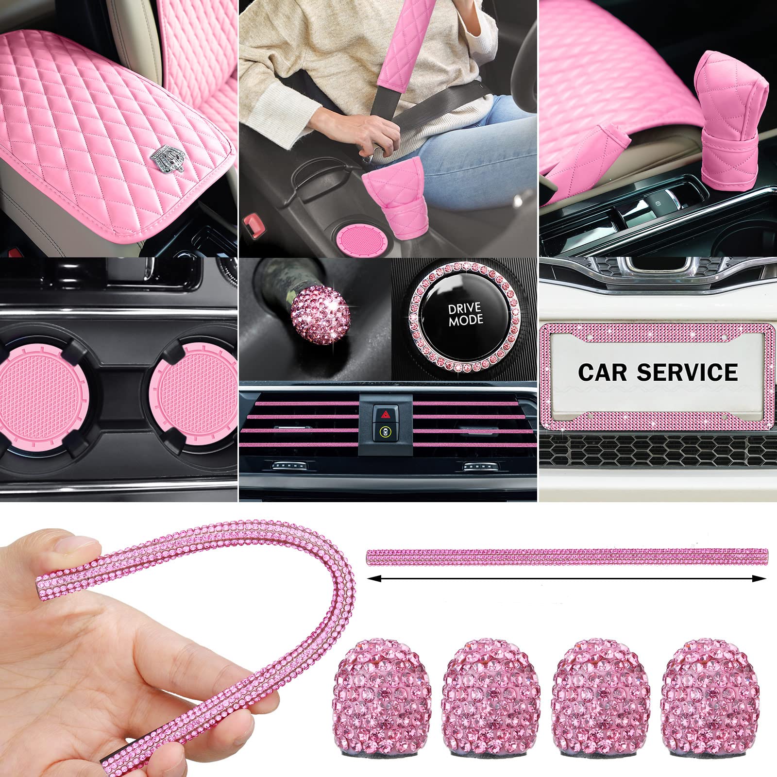 38PCS Pink Rhinestone Car Accessories Set - Seat Covers, Steering Wheel Cover, Handbrake Cover, Seat Belt Covers, Phone Holder & Glasses Holder for Women - Luxury Bling Car Interior Decor for Sedan, SUV, Coupe