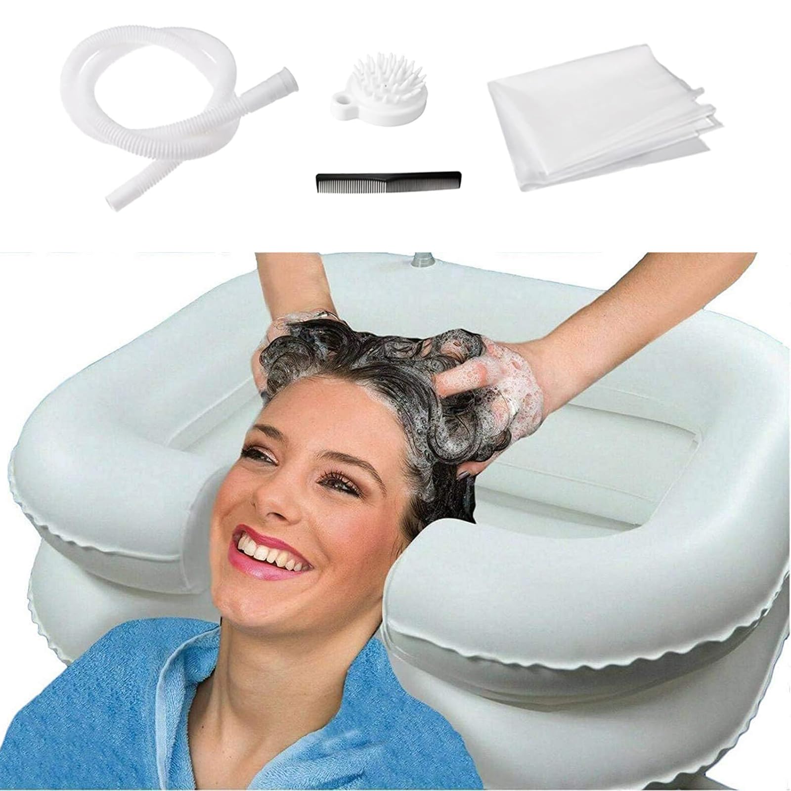 Portable Inflatable Hair Washing Basin for Bedridden Patients - Lightweight Shampoo Bowl for Elderly & Disabled Care - Home Healthcare & Hospital Use (A-White)