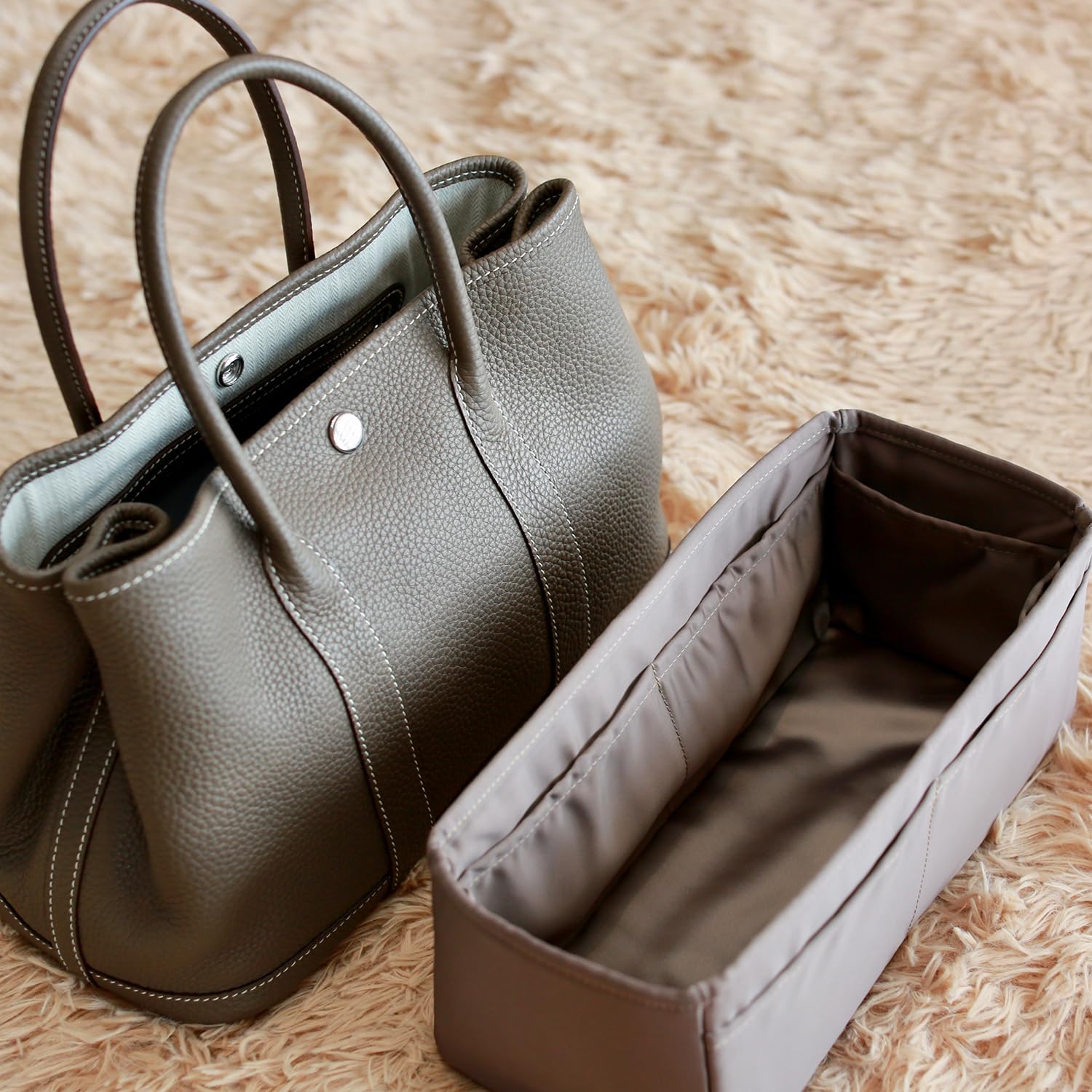 Hermes Garden Party 30 Bag Organizer - Silk Fabric Insert with Pockets for Luxury Totes (Etoupe Grey) - Perfect for Travel & Work